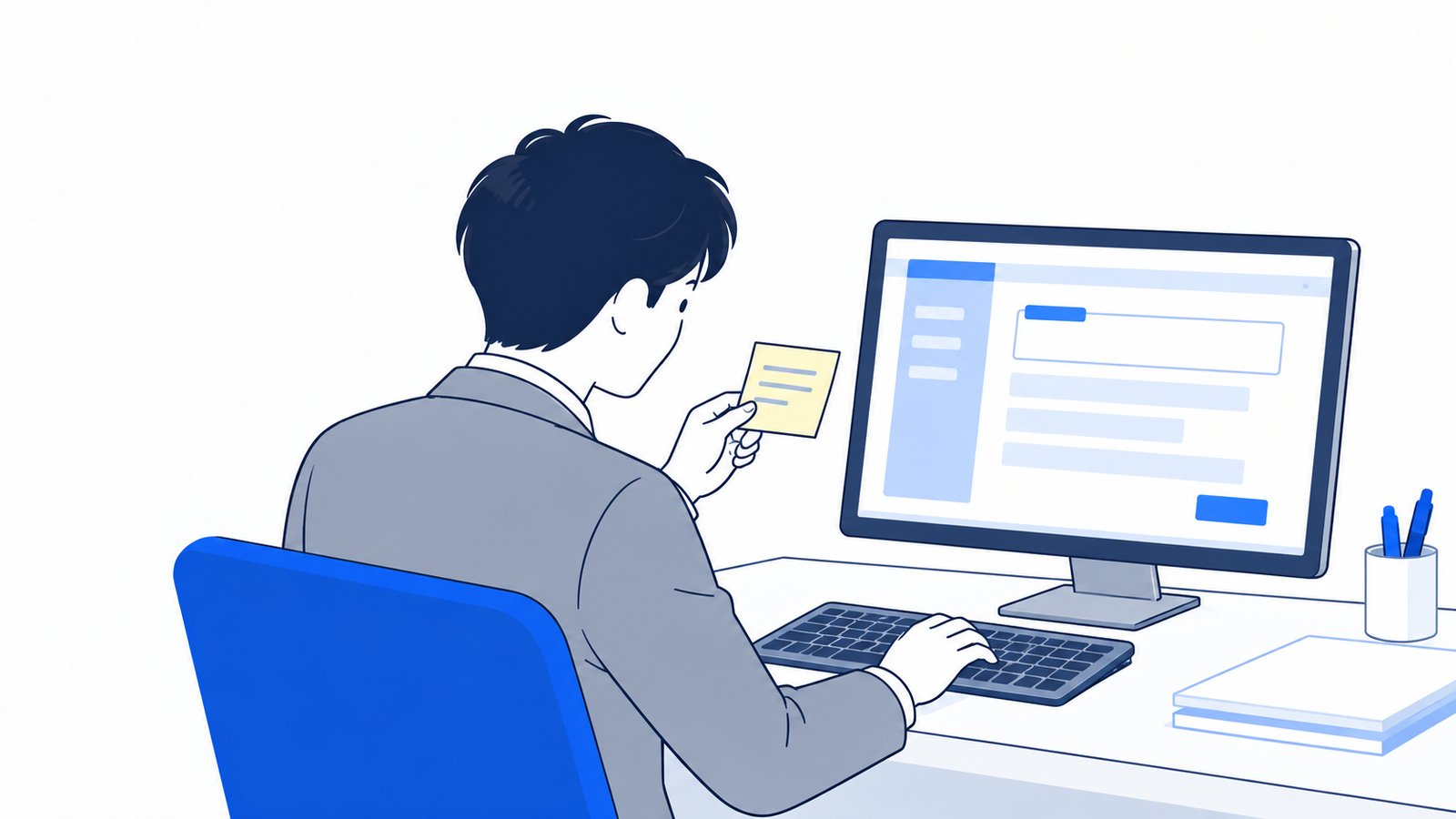 付箋に書いた依頼内容を見ながら、PCに日本語で指示を入力する会社員