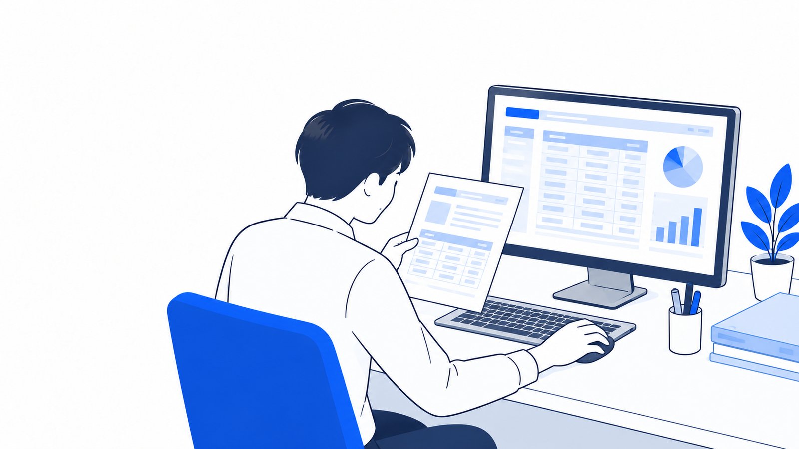 PC画面の表示と、横に置いた日本語の資料を見比べて確認している会社員
