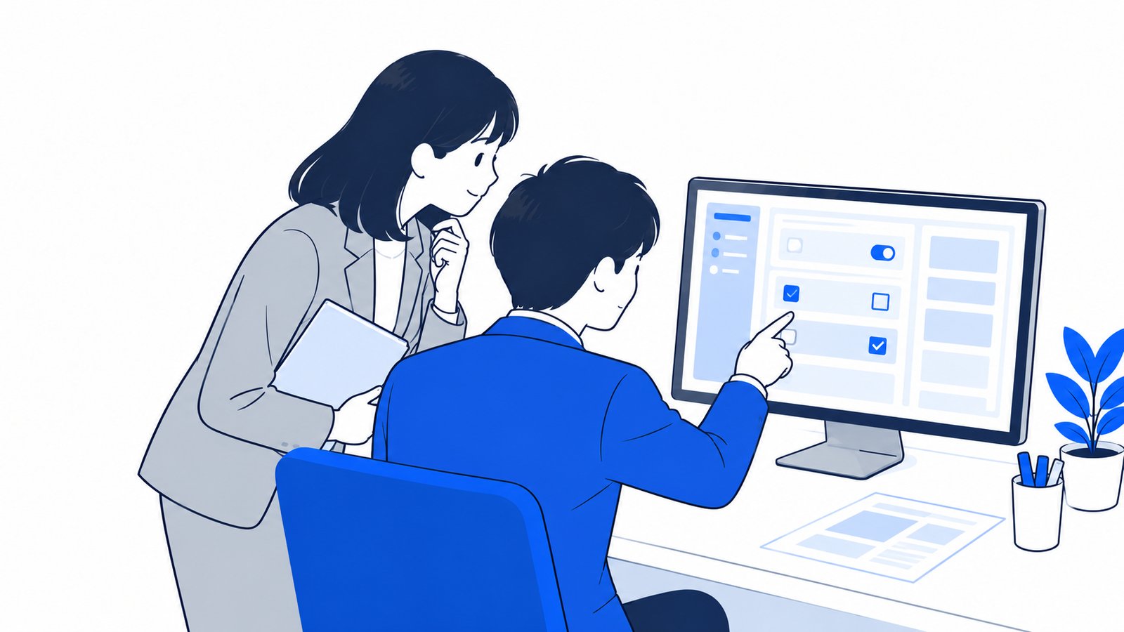 画面の表示を指さしながら、同僚に設定を確認してもらっている会社員