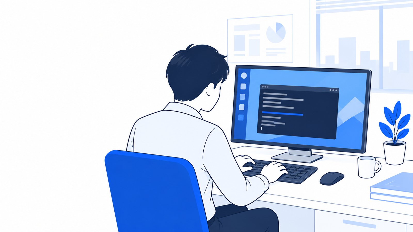 Linuxのデスクトップ画面でターミナルを開き、OSのバージョンを確かめる人