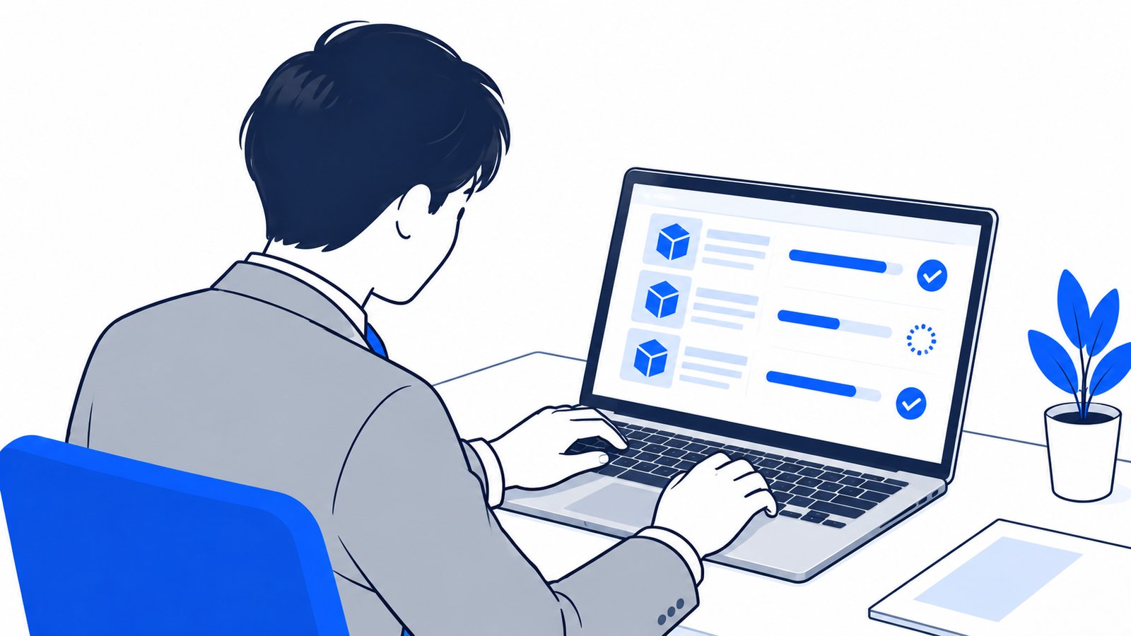 ノートパソコンでパッケージの更新作業をしている、サーバー管理者の手元