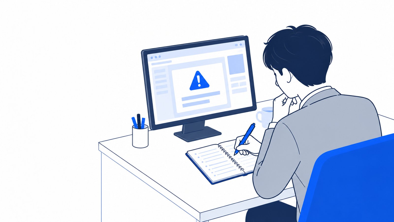 エラーの表示された画面を前に、原因を探してメモを取る会社員