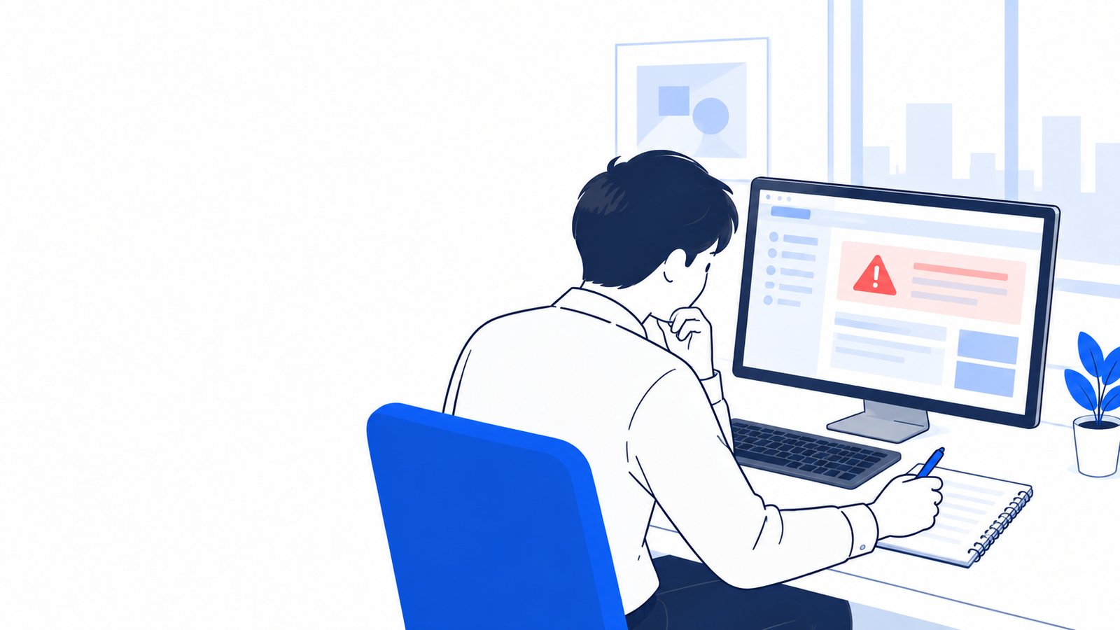 エラーの表示を前に、メモを見ながら原因を探す開発担当