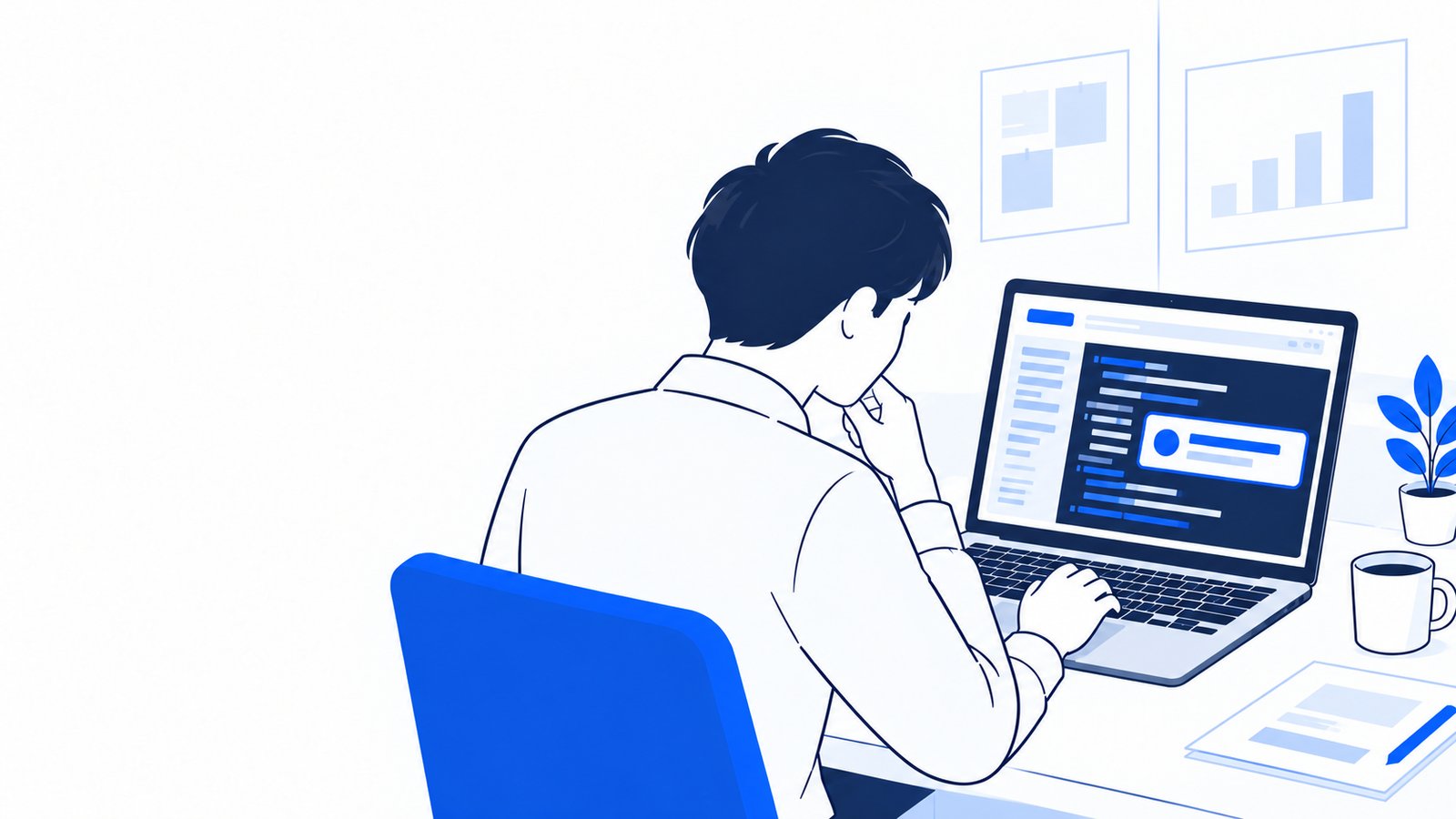コードの修正結果とエラー表示をノートPCで確認するエンジニア