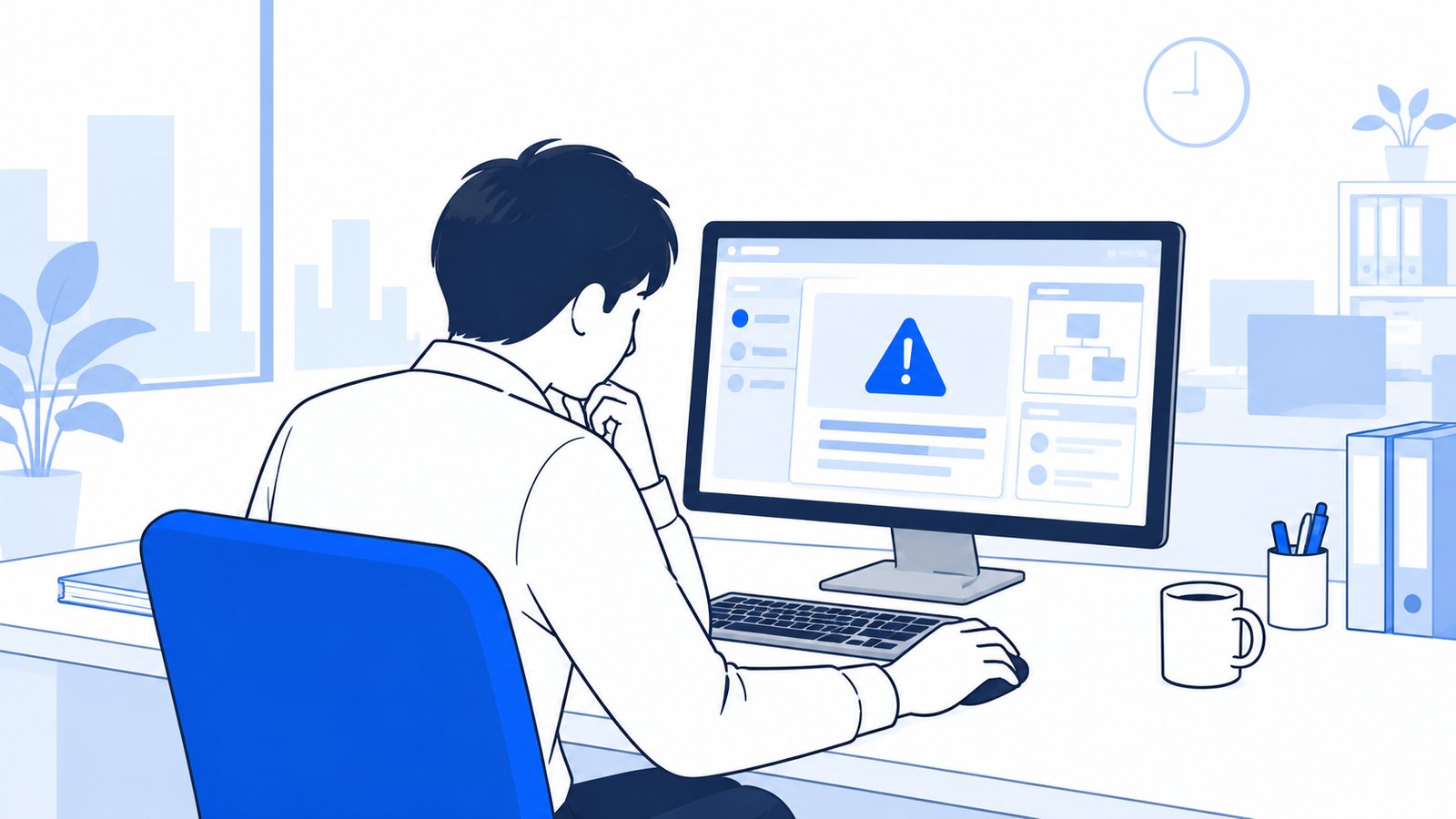 エラー表示の原因を調べながらパソコンを操作する会社員