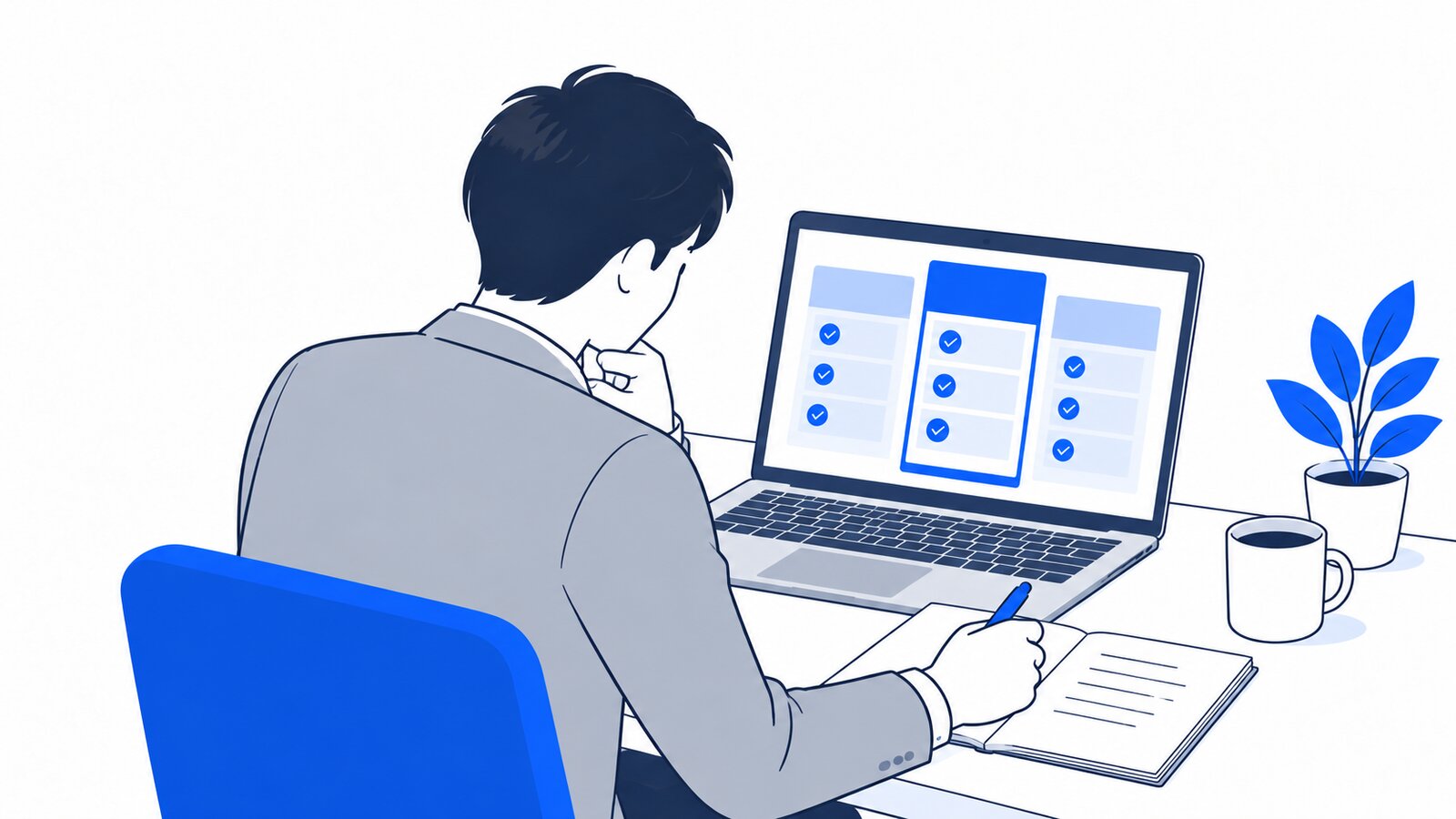 料金表をノートPCで見比べながらメモを取る人