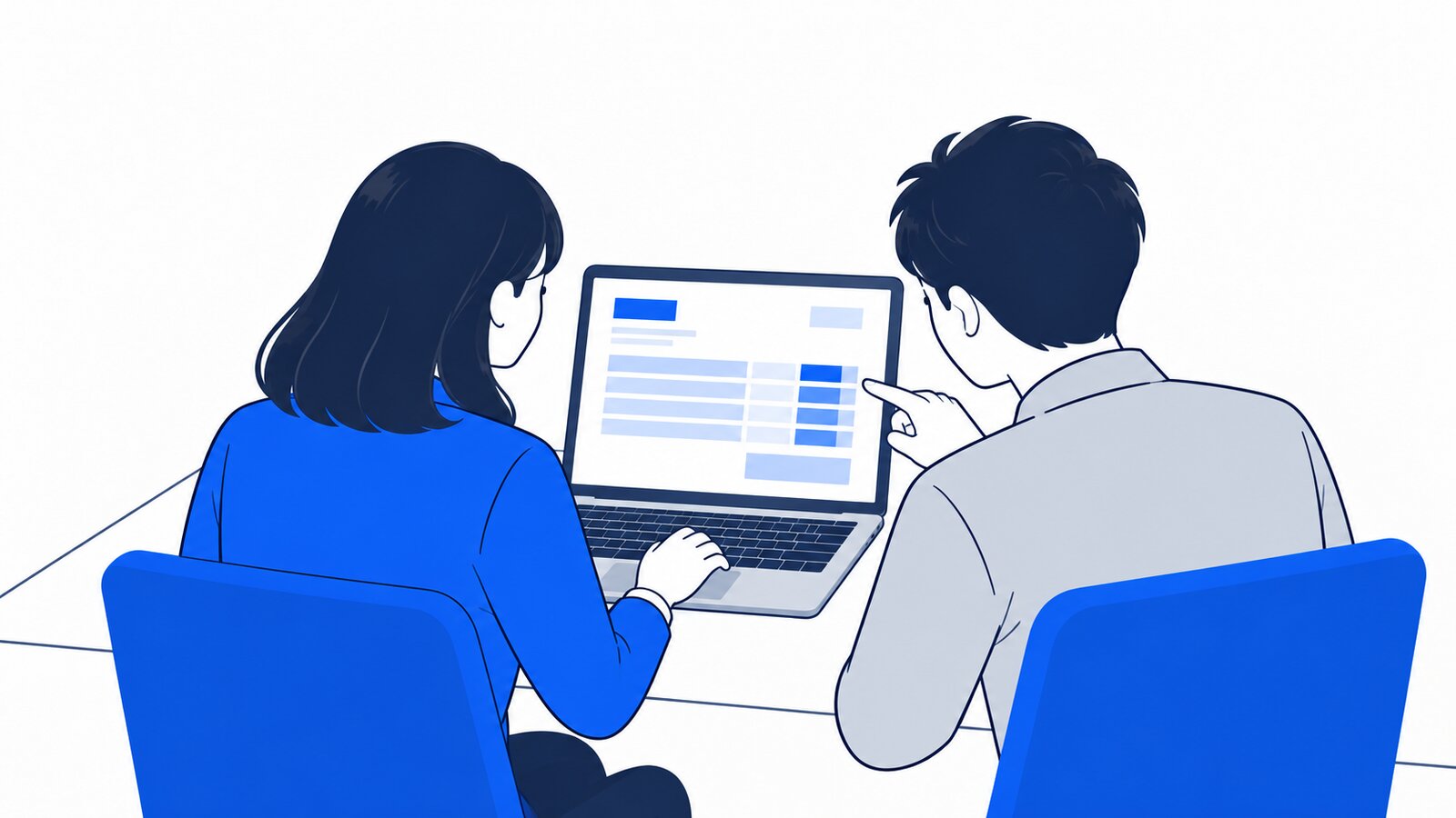 経理担当と開発担当がノートPCで請求の画面を一緒に確認している