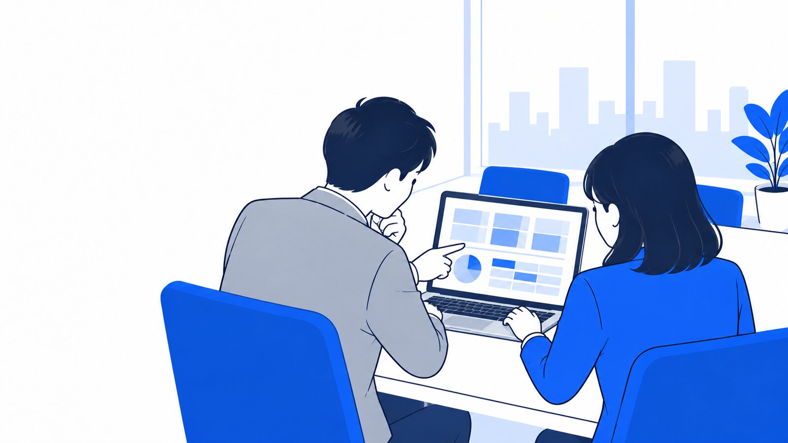 会議室でノートPCを見ながら、上司と担当者がプランを相談している