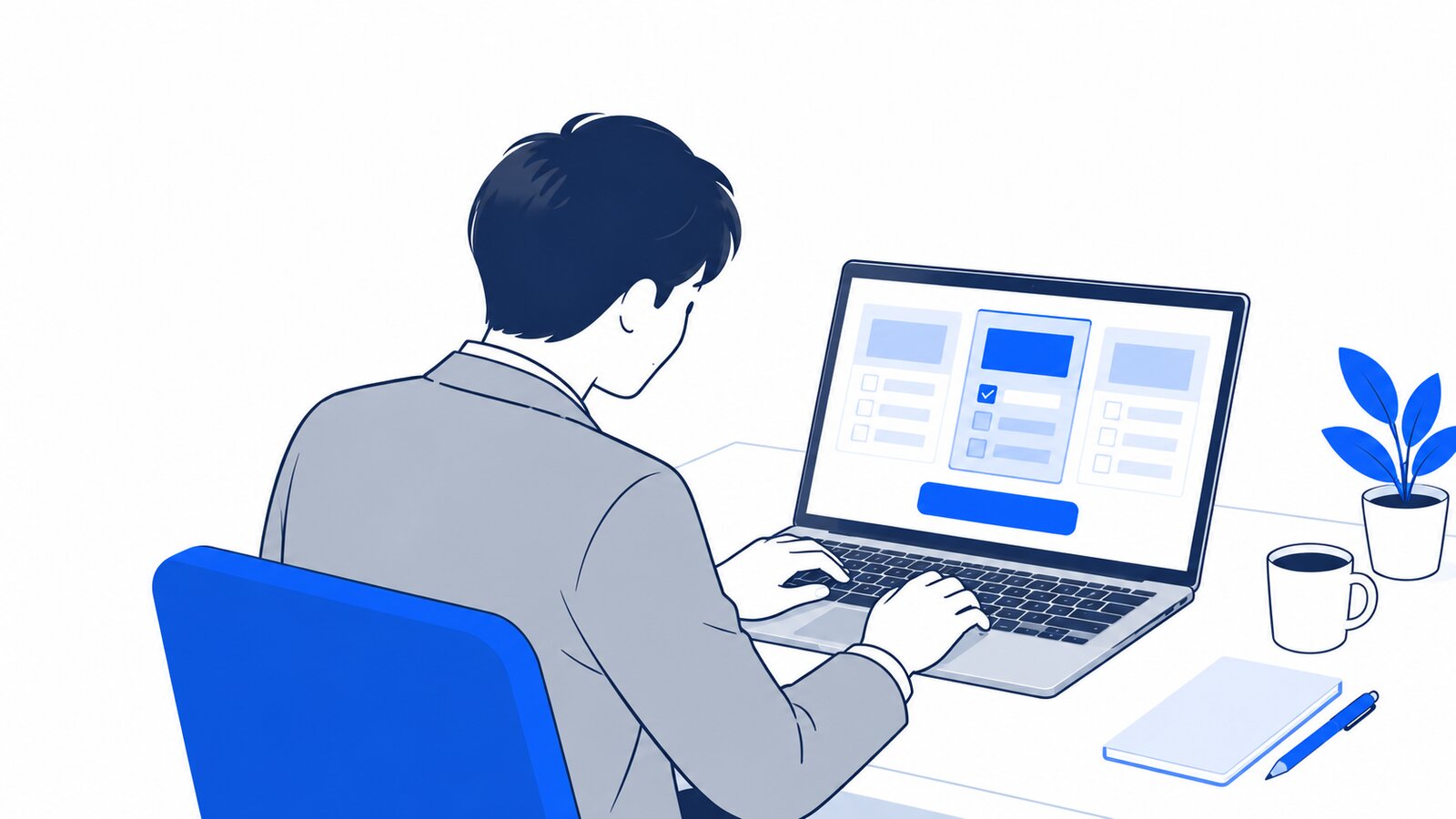 ノートPCでプランの申し込み手続きをしている人