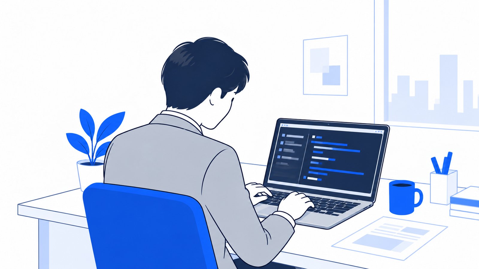 ノートPCでコマンドを入力し、サーバーが接続できたかを確かめる会社員