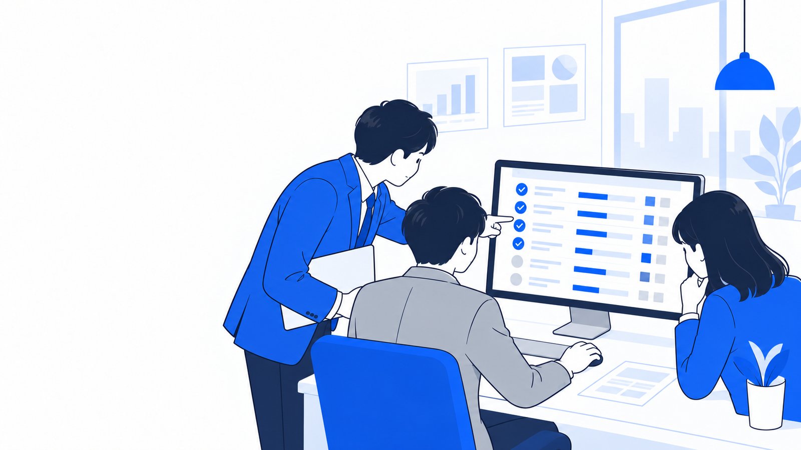 課題の一覧を見ながら、チームの進み具合を確認する担当者たち