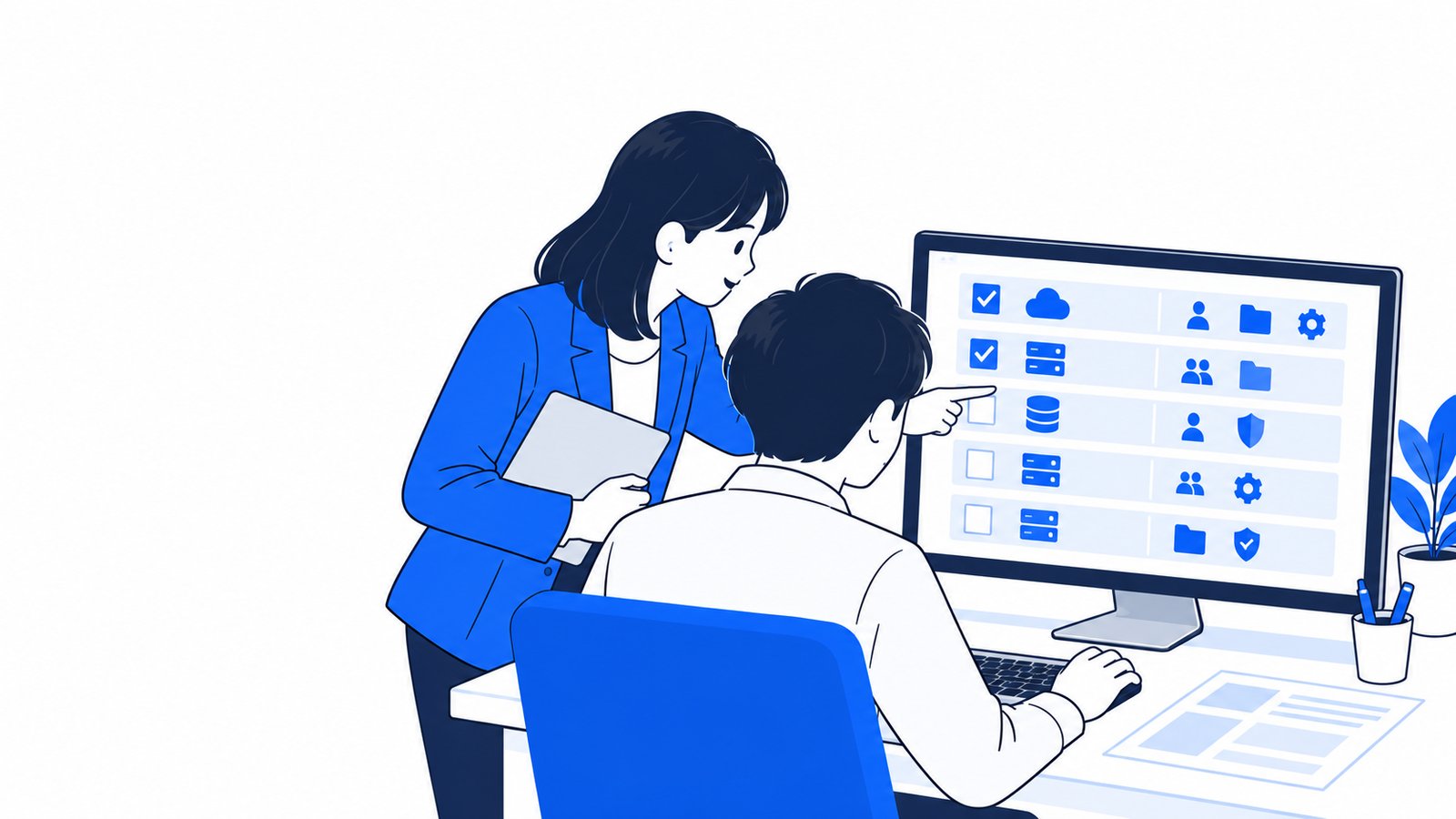 サーバーの提供元と許可する権限を、チェック表で確認する担当者と上司