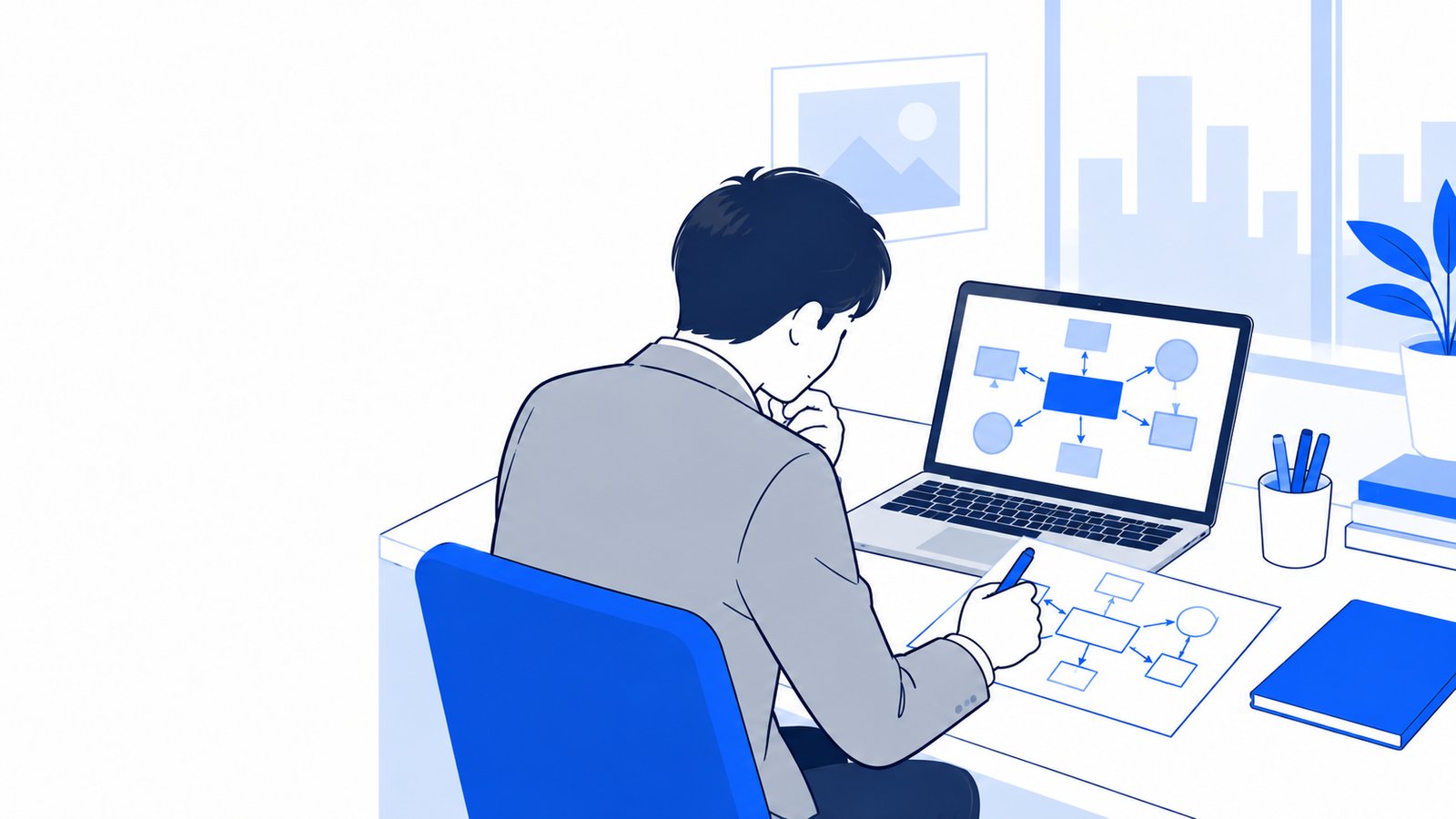 ノートPCに向かい、Claude Codeとつなぐツールの関係をメモに書いて整理する担当者