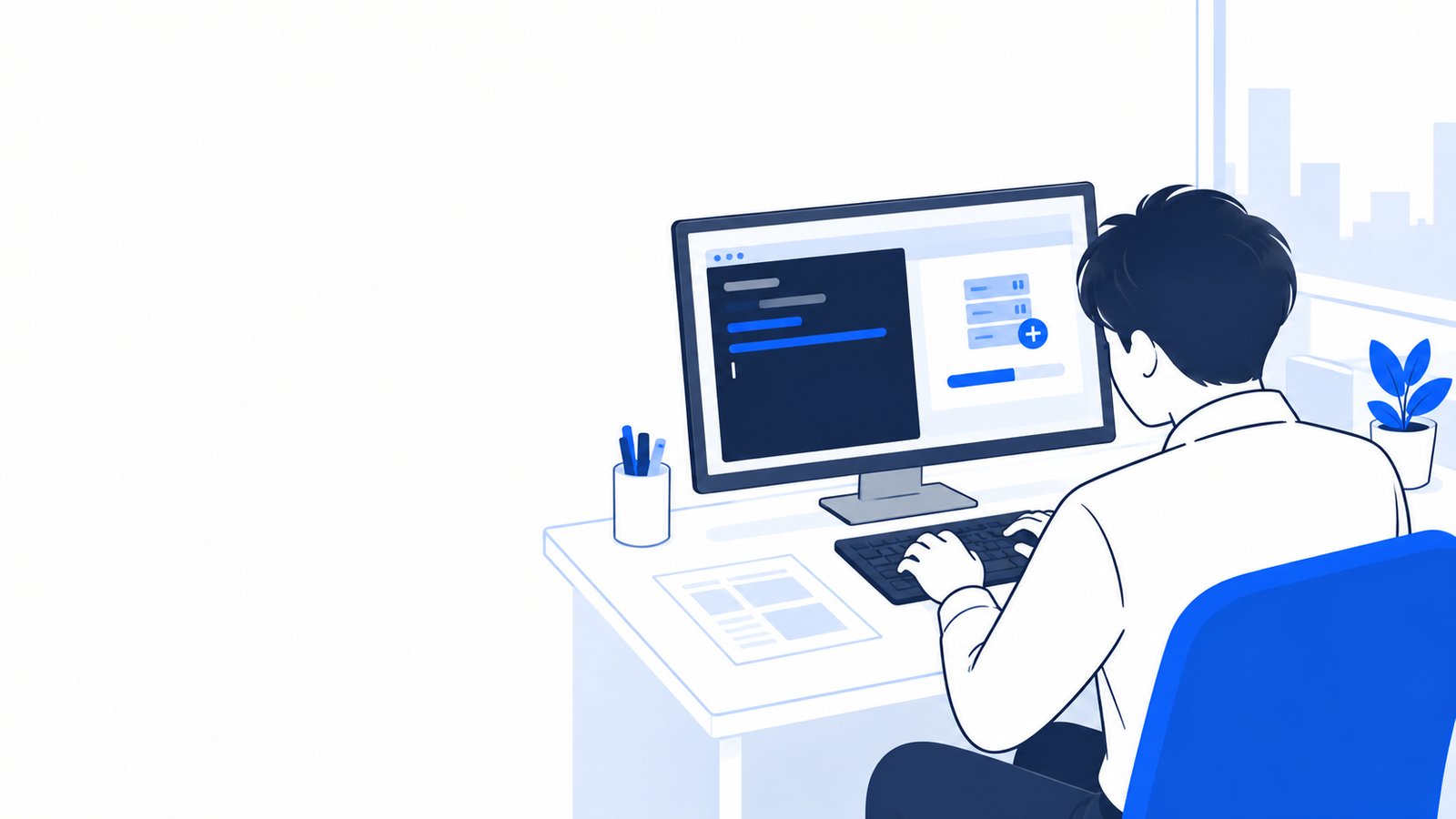 ターミナルの画面を肩越しに見ながら、サーバーを追加するコマンドを入力する開発担当