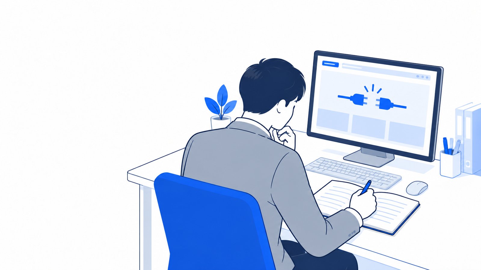 画面に表示された接続エラーを見ながら、原因をノートに書き出す担当者