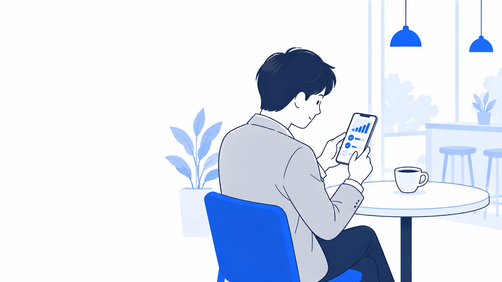 外出先のカフェでスマホの画面を見ながら作業の進み具合を確認する会社員