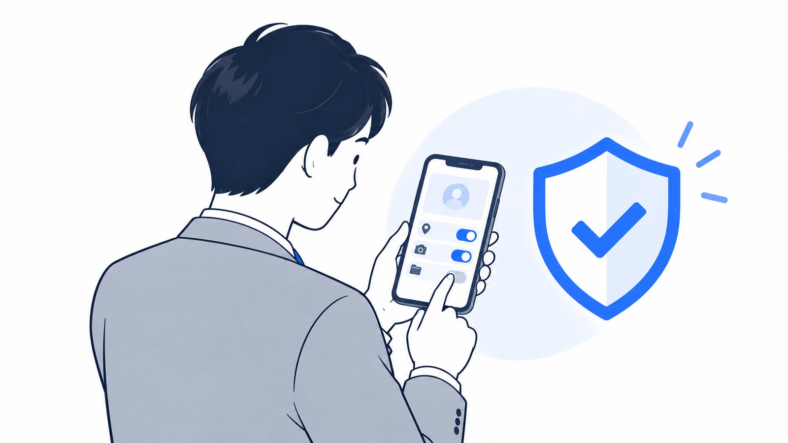 盾のアイコンの横で、スマホに表示された許可の確認を読む会社員