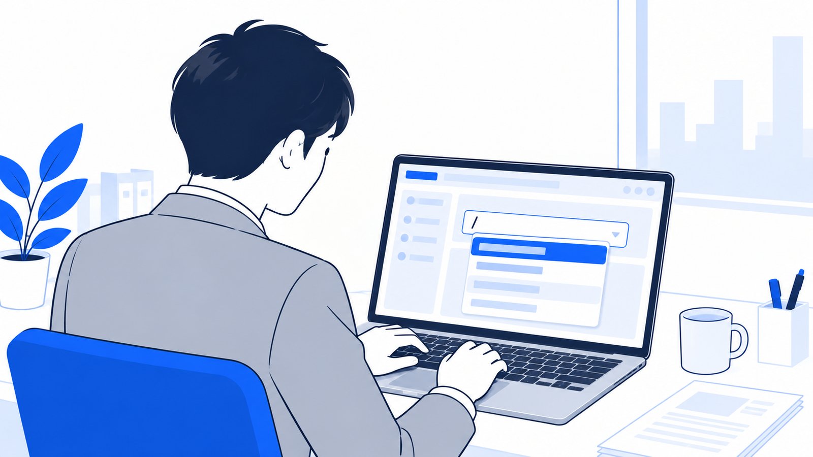 ノートPCの画面で、入力欄に「/model」と打って切り替えの一覧を開く会社員