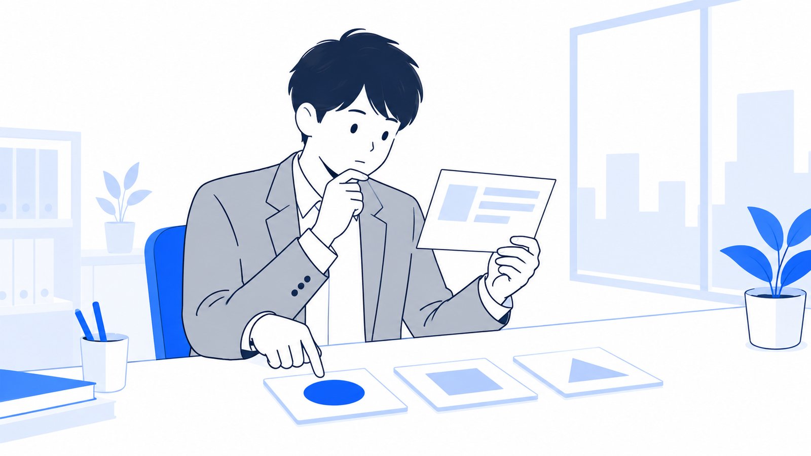 作業内容を書いたカードを見ながら、どのモデルに任せるか選ぶ会社員
