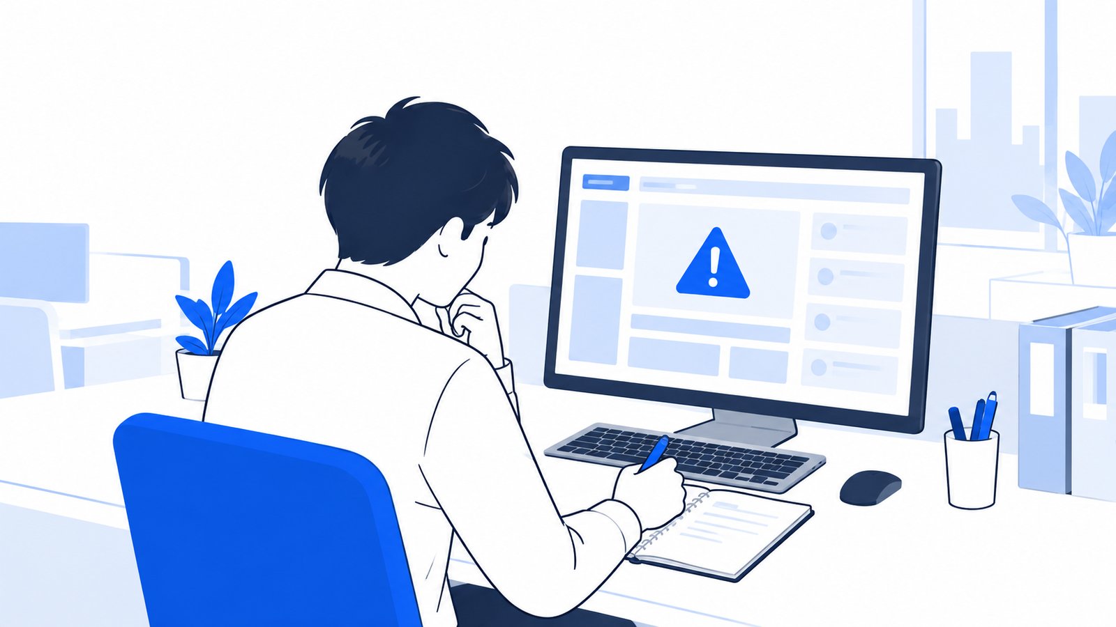 エラーの表示を前に、原因を調べながらメモを取る会社員