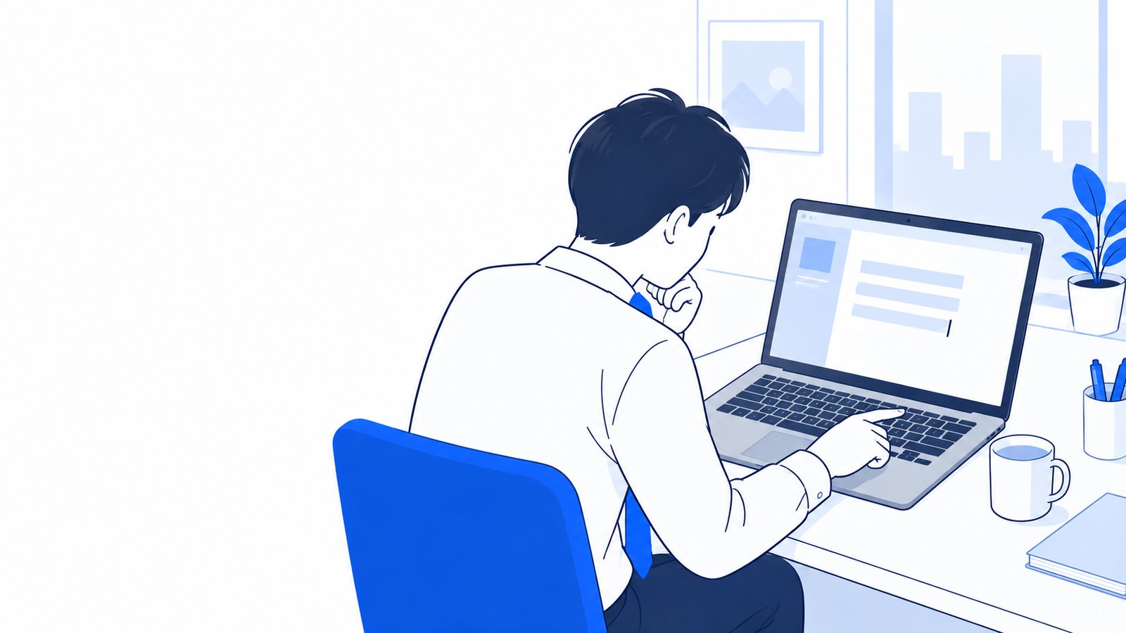 画面の前で、キーを押しても改行されない原因を確かめる会社員