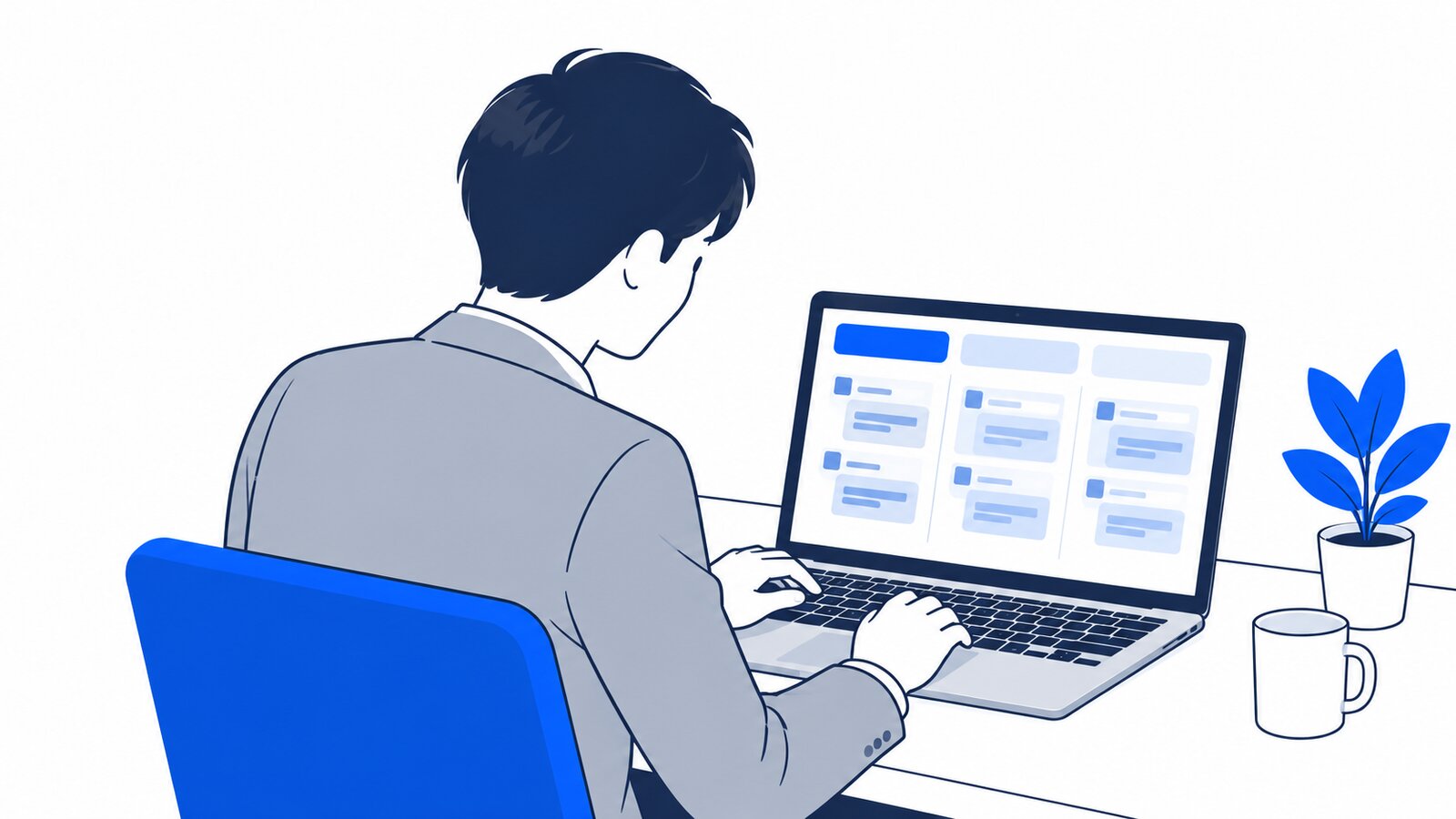 会社員の肩越しに、ノートPCでClaudeアプリの3つのタブを見比べている様子