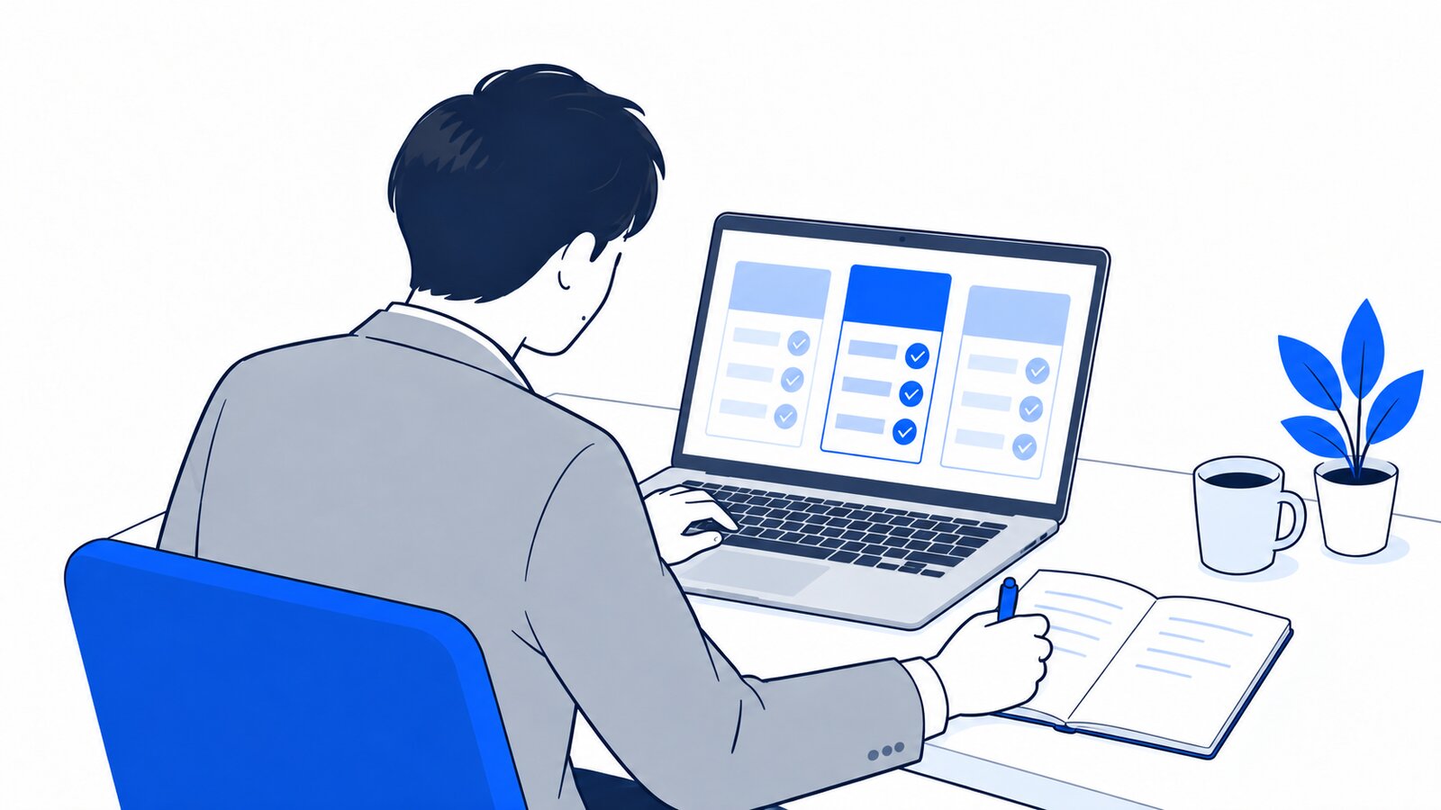 会社員がノートPCで料金プランの一覧を見比べ、メモを取っている場面