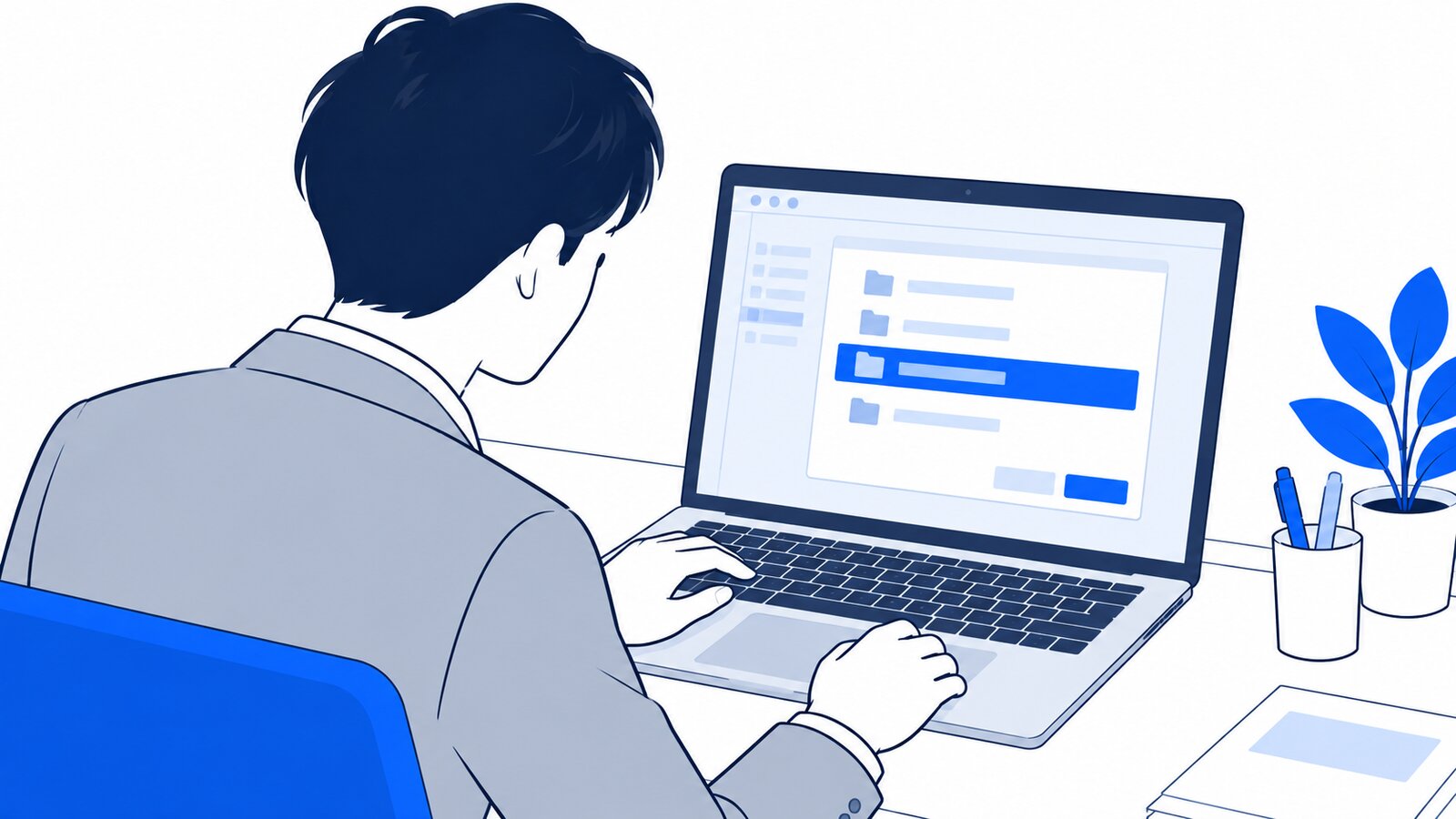 会社員がノートPCでClaudeアプリを開き、作業するフォルダを選んでいる手元