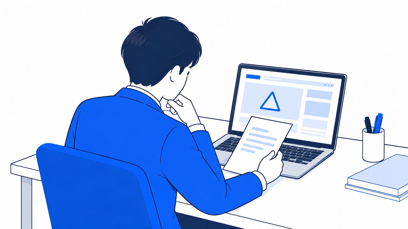 エラー表示が出たノートPCを前に、担当者が落ち着いてメモを見返している場面