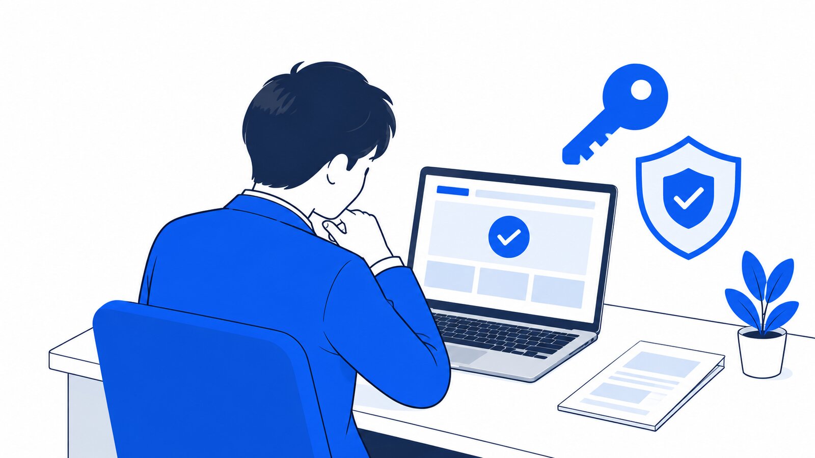 鍵と盾のアイコンの横で、会社員がノートPCの確認画面を見ている場面