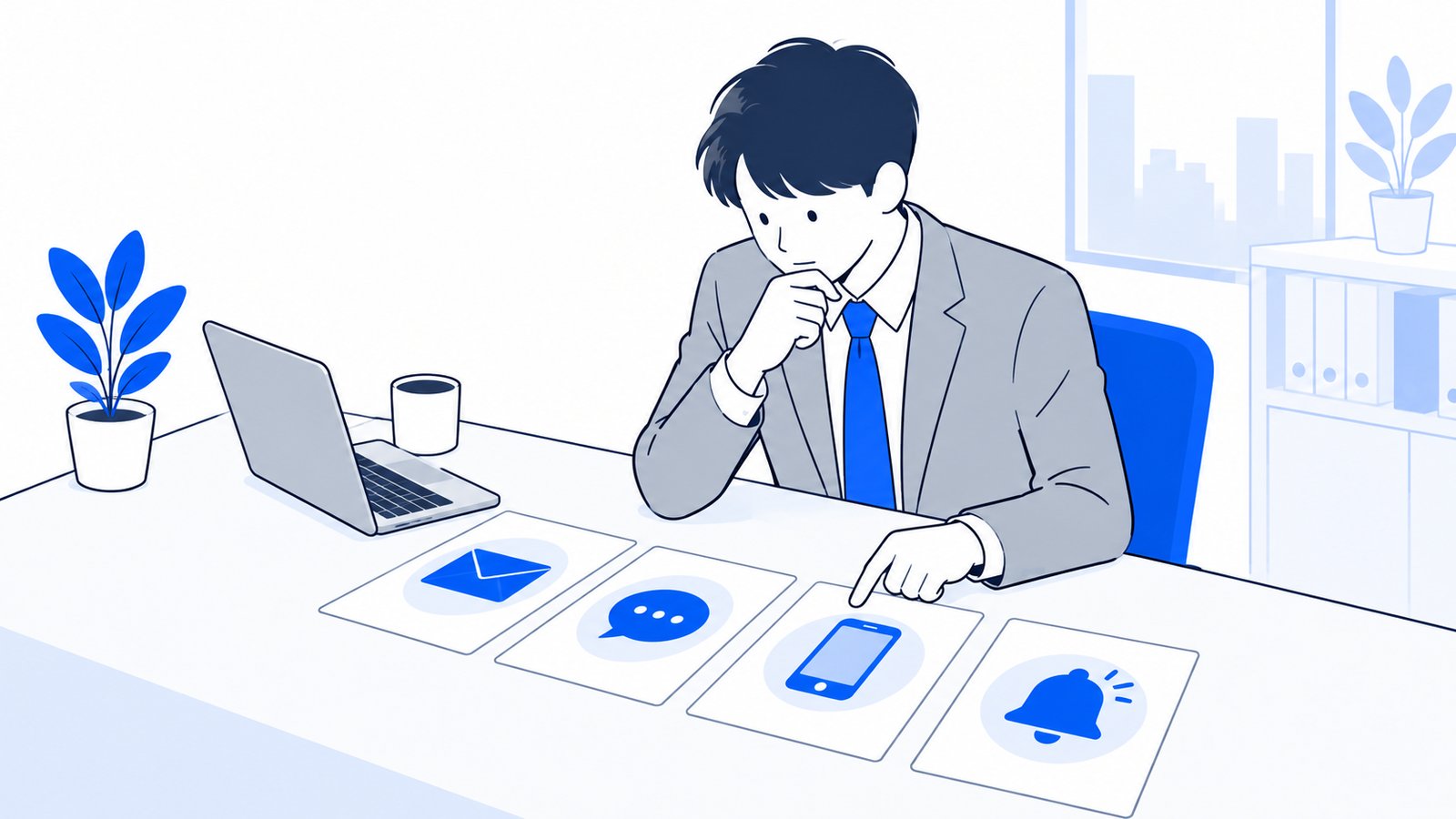 机の上で、通知の方法を書いたカードを見比べてどれを使うか考えている会社員