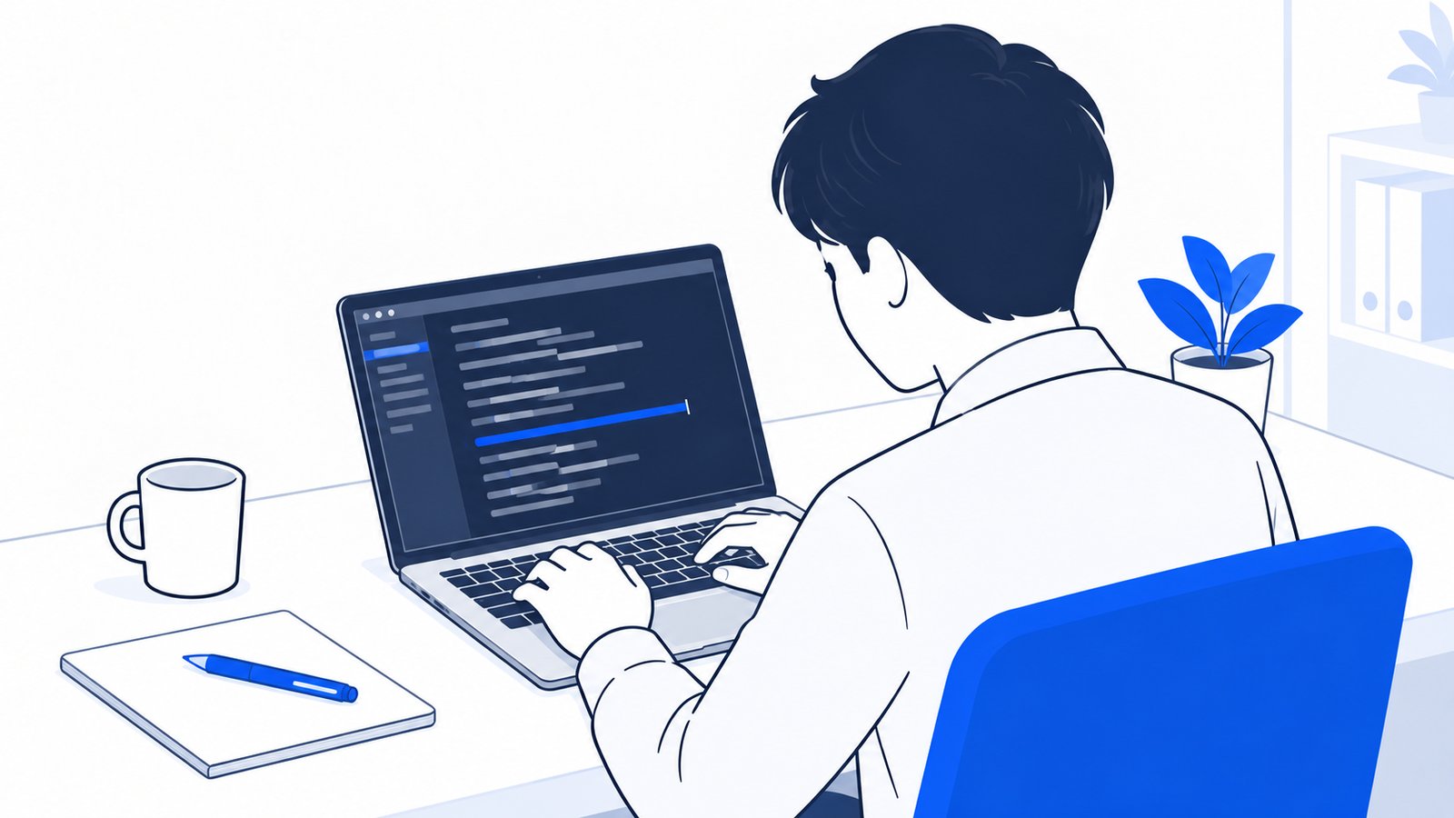 ノートPCのターミナル画面を見ながら、設定ファイルに1行追加する会社員