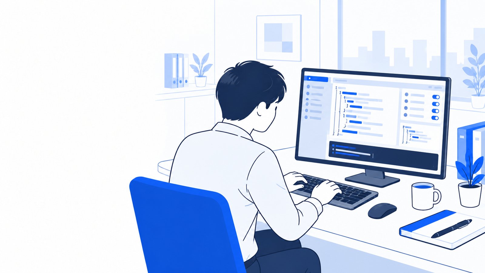 PCに表示された設定ファイルの内容を確かめながら、通知のコマンドを書き込む担当者