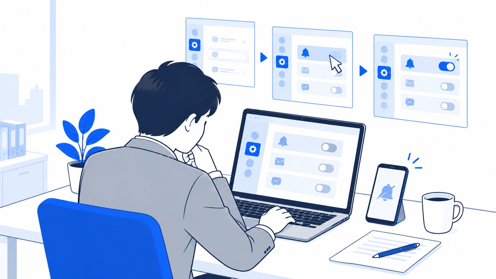 通知が出ない原因を、設定画面を順に開いて確かめている会社員