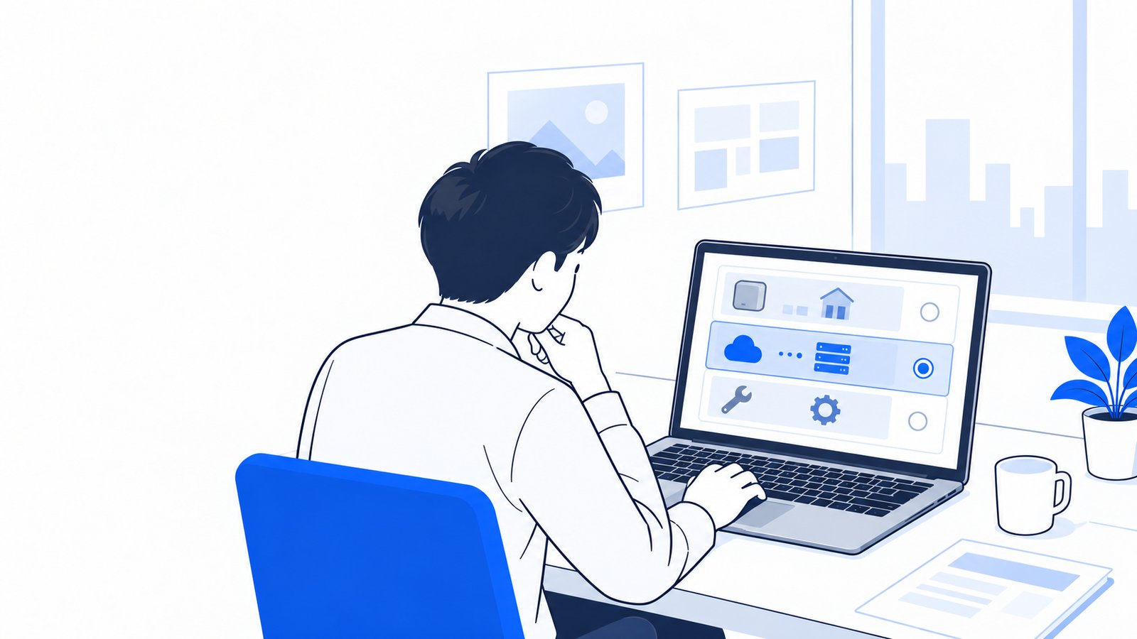 ノートPCの画面に表示されたインストール方法の一覧を見比べる会社員