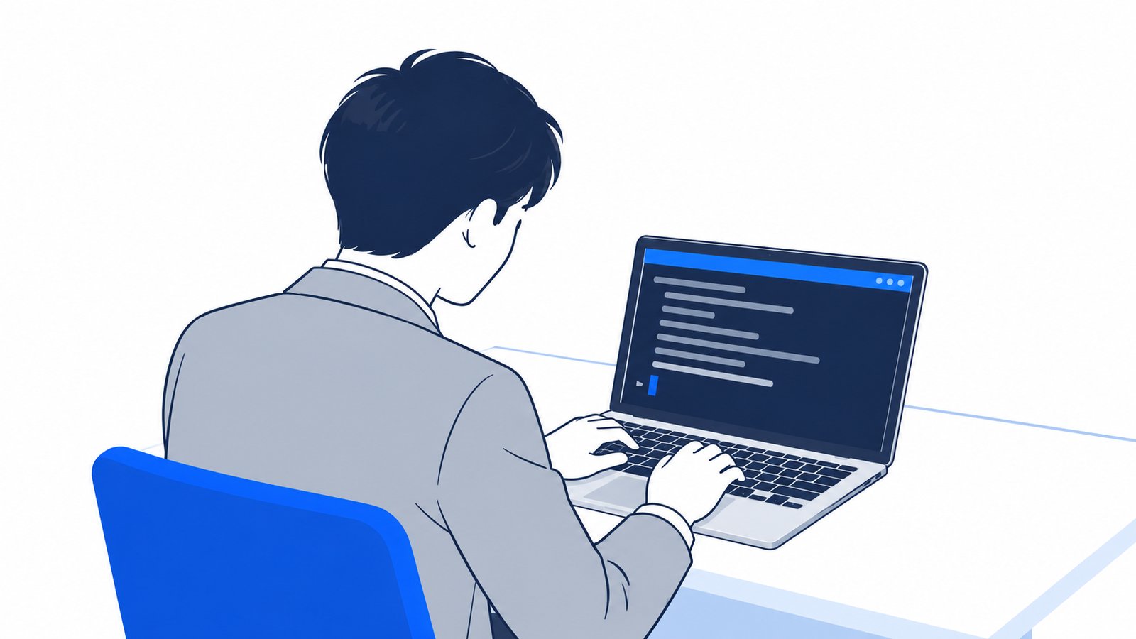 ノートPCのターミナルにコマンドを入力する会社員の手元