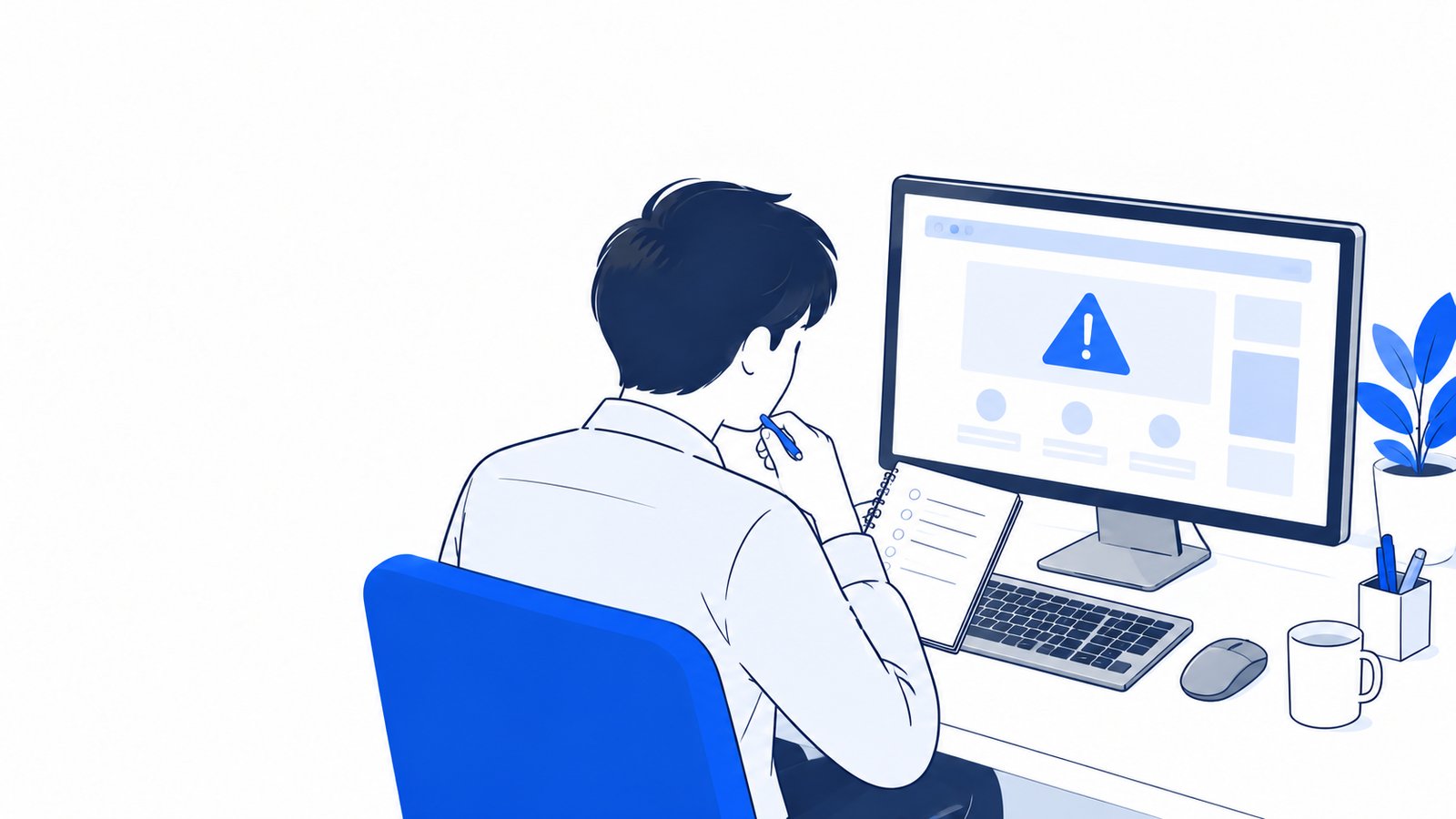 エラー表示を前に、メモを見ながら原因を探す担当者