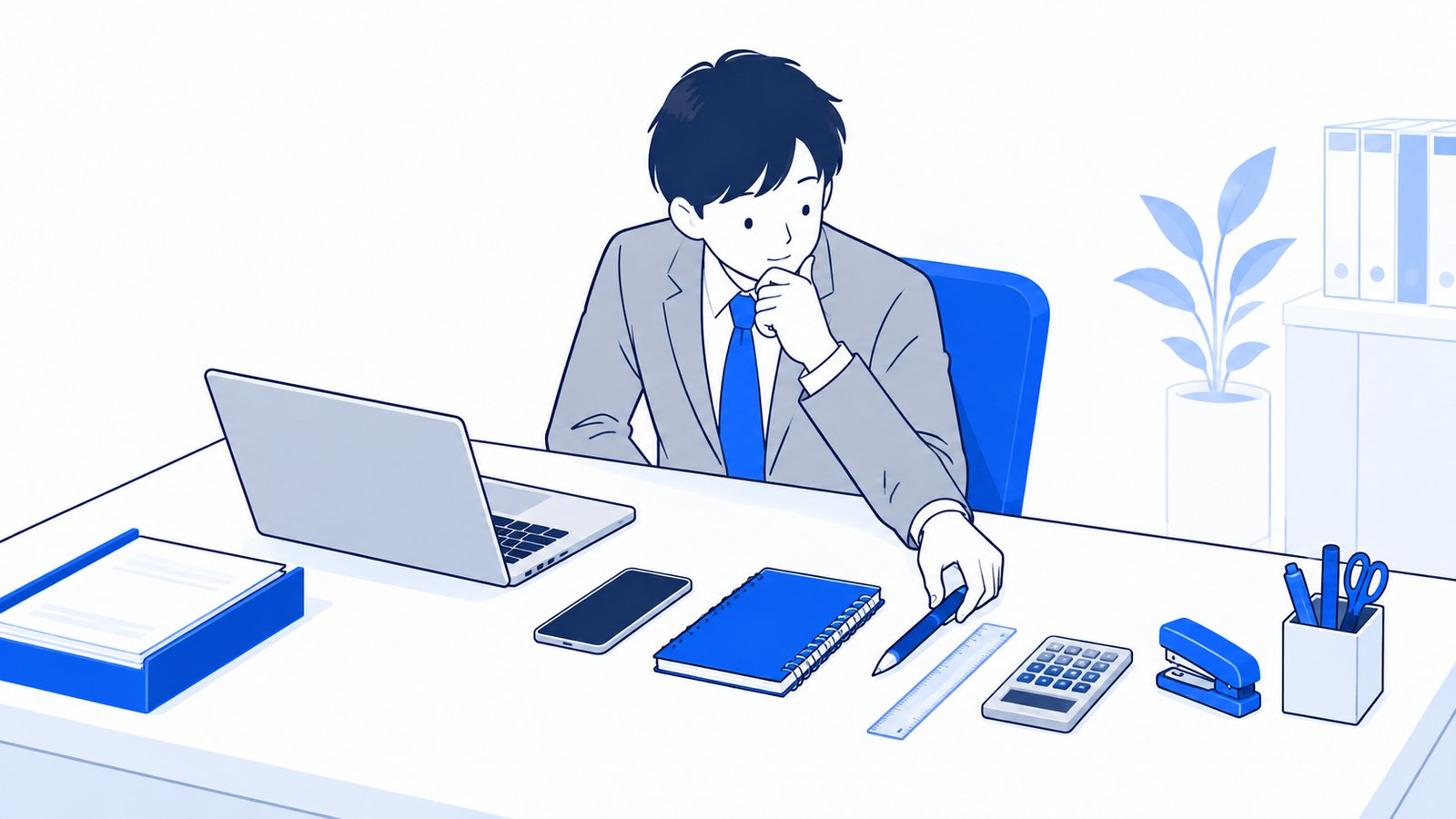 机の上に並んだ道具の中から、使うものを選んでいる会社員