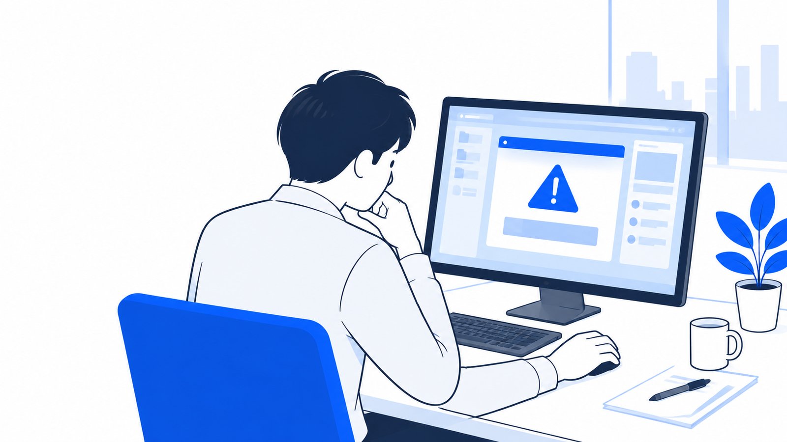 エラーの表示された画面を前に、原因を探す会社員