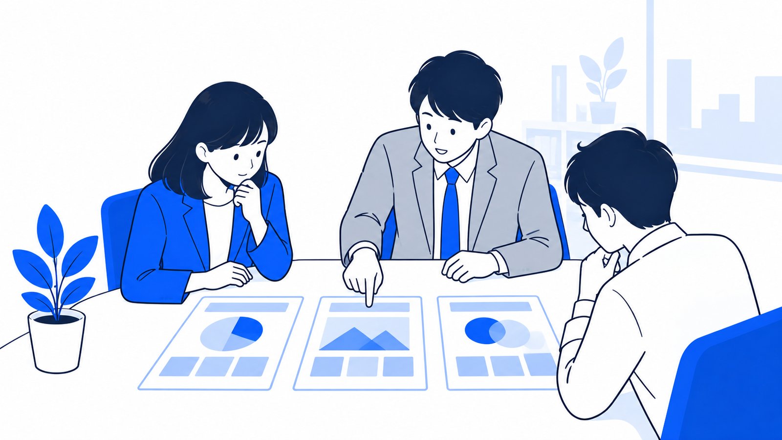 プランのカードを見比べて相談する会社員