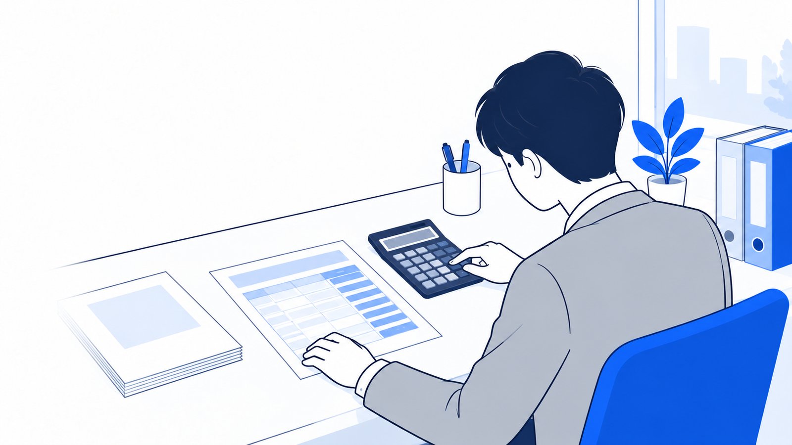 単価表と電卓を前に、1回の作業の費用を計算する担当者