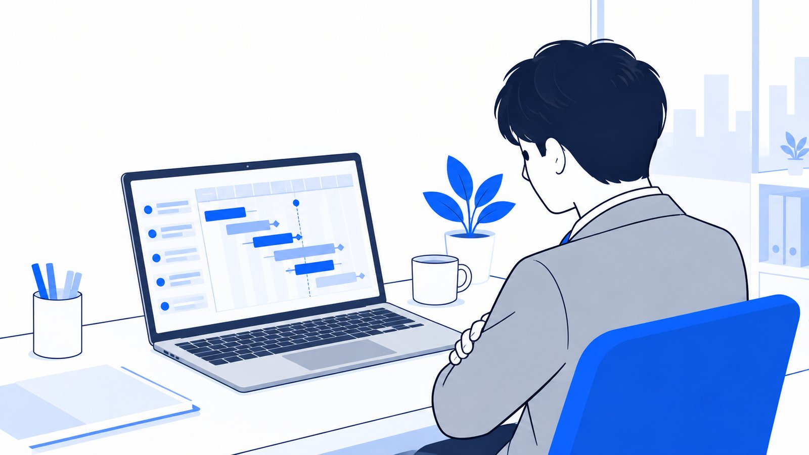 ノートPCに表示された作業の計画を、腕組みして確かめる会社員