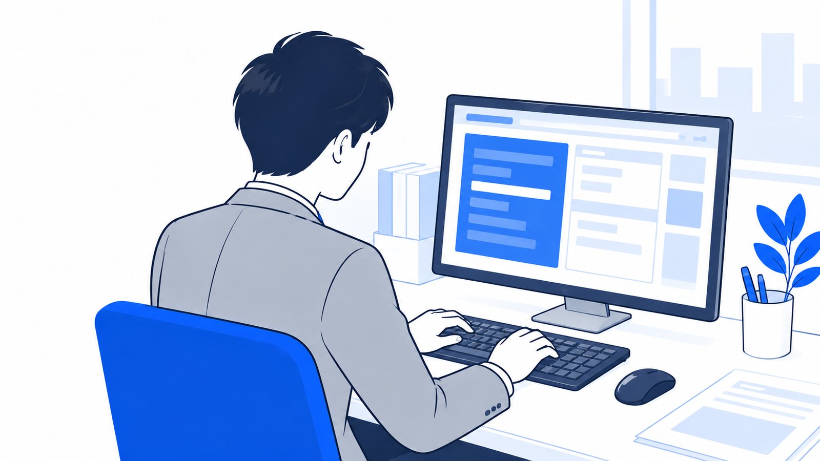 ターミナルの画面を見ながらキーボードを操作する手元