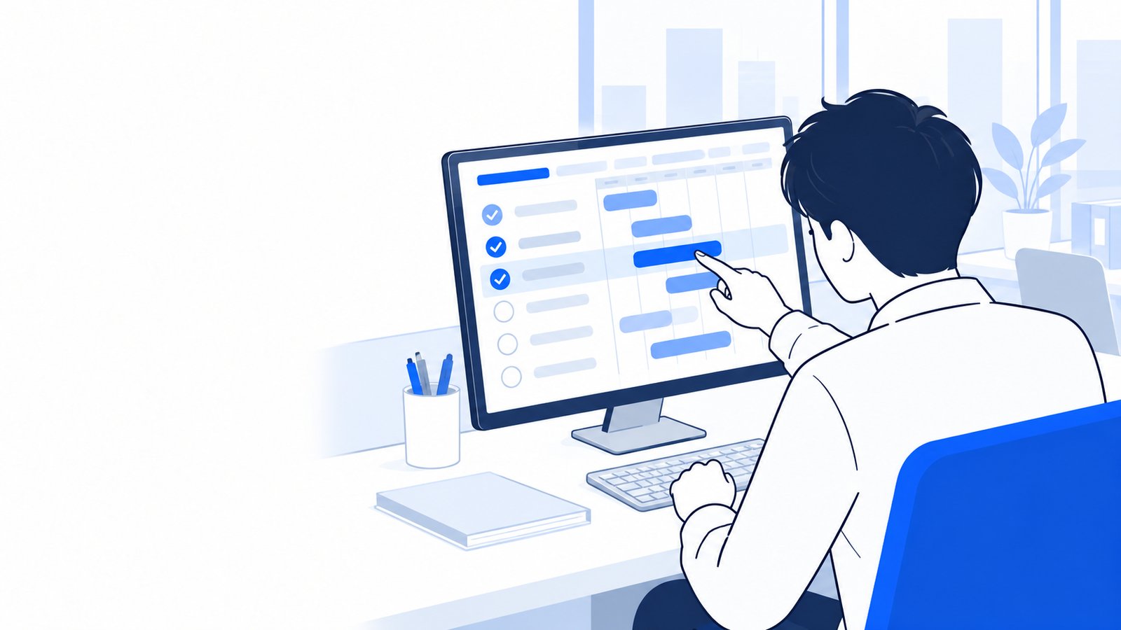 画面に表示された計画の項目を指でなぞって確認する担当者