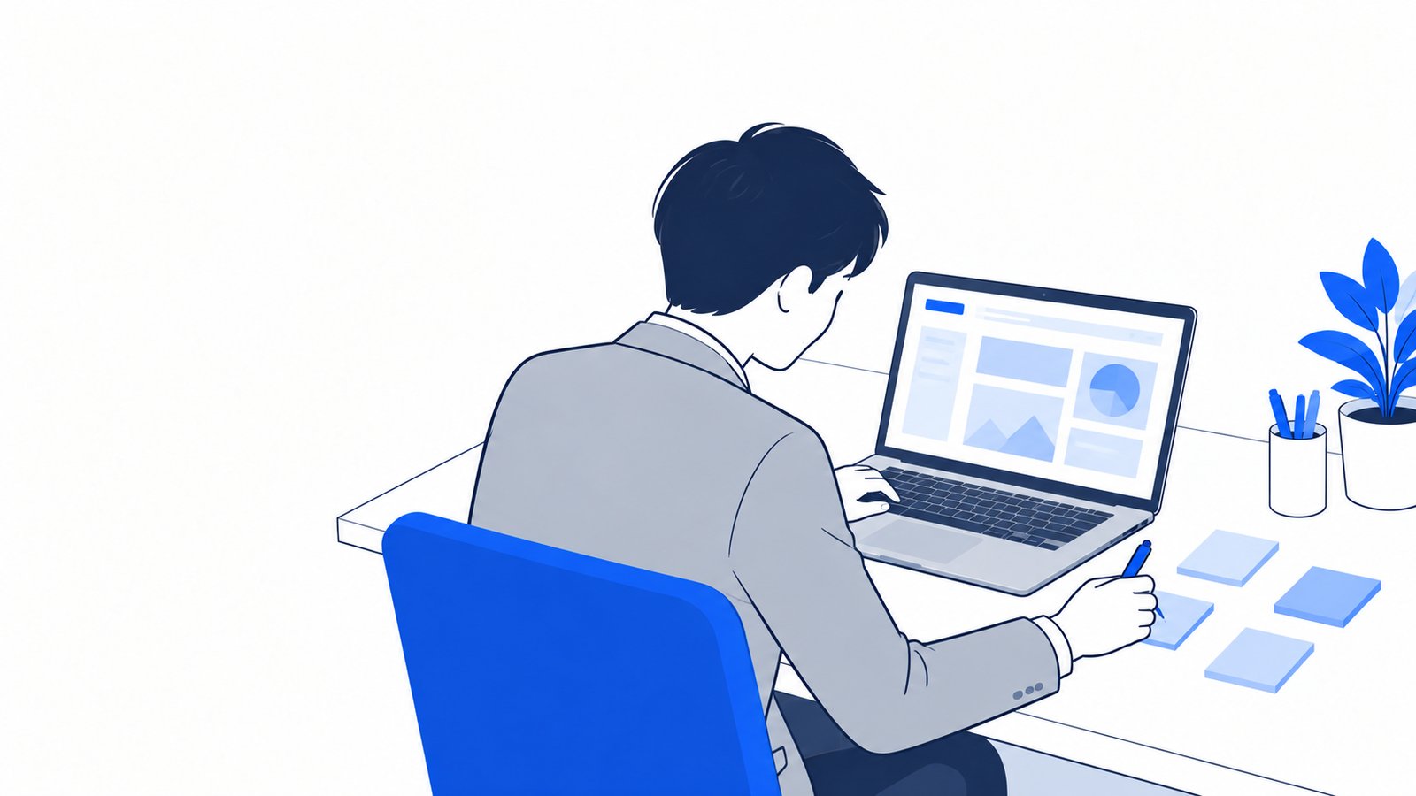 付せんに依頼内容を書き出しながら、ノートPCに向かう会社員