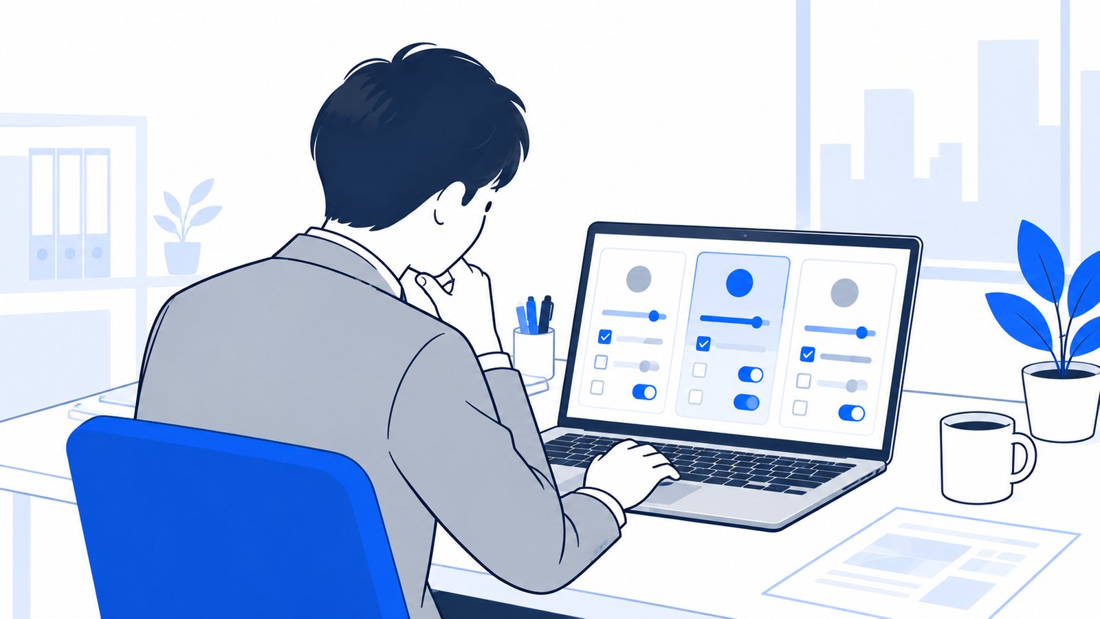 複数の設定項目を見比べながらノートPCで設定を確認する会社員