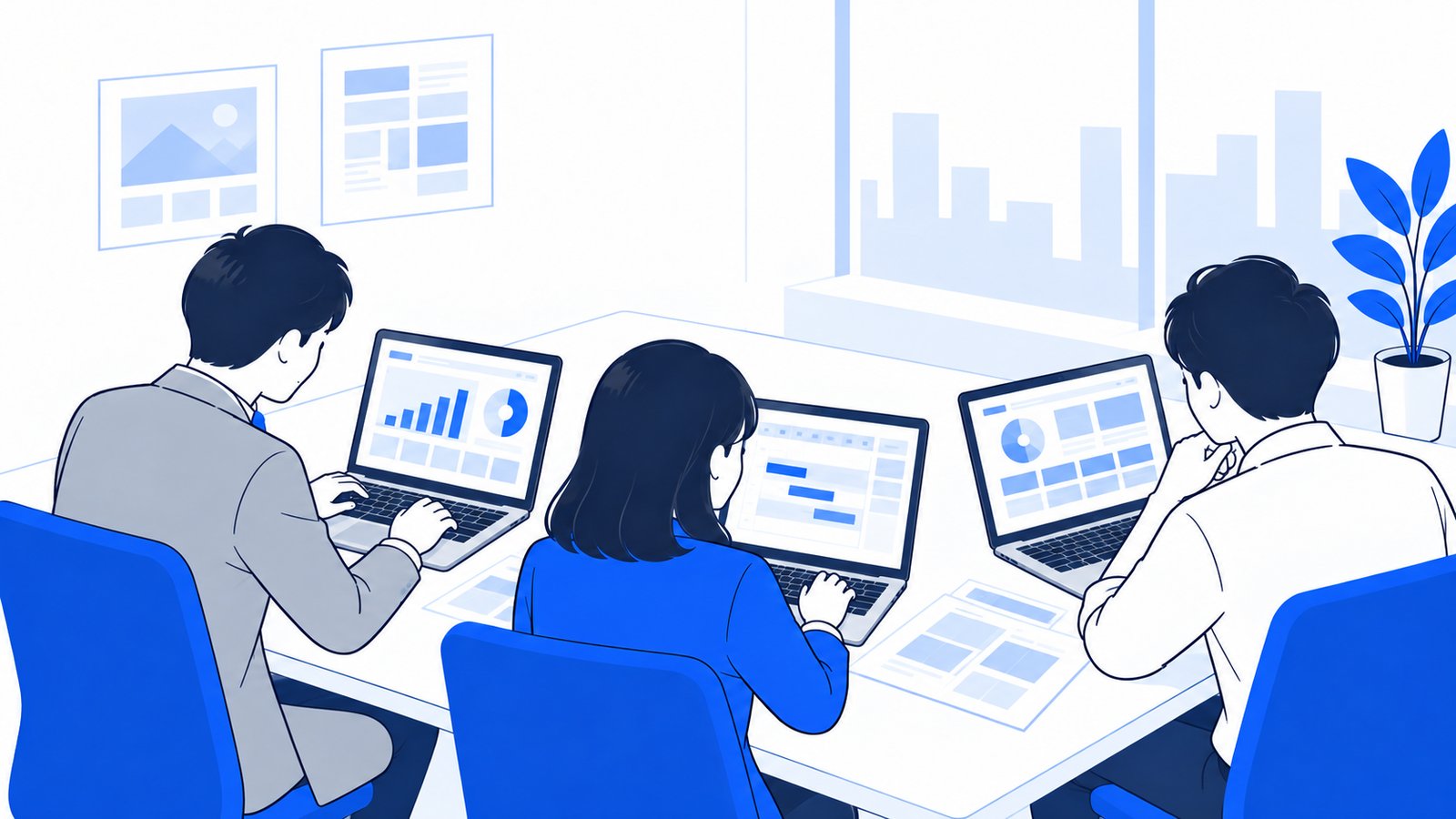 総務・営業・経理の担当者がそれぞれノートPCで計画の画面を確認している