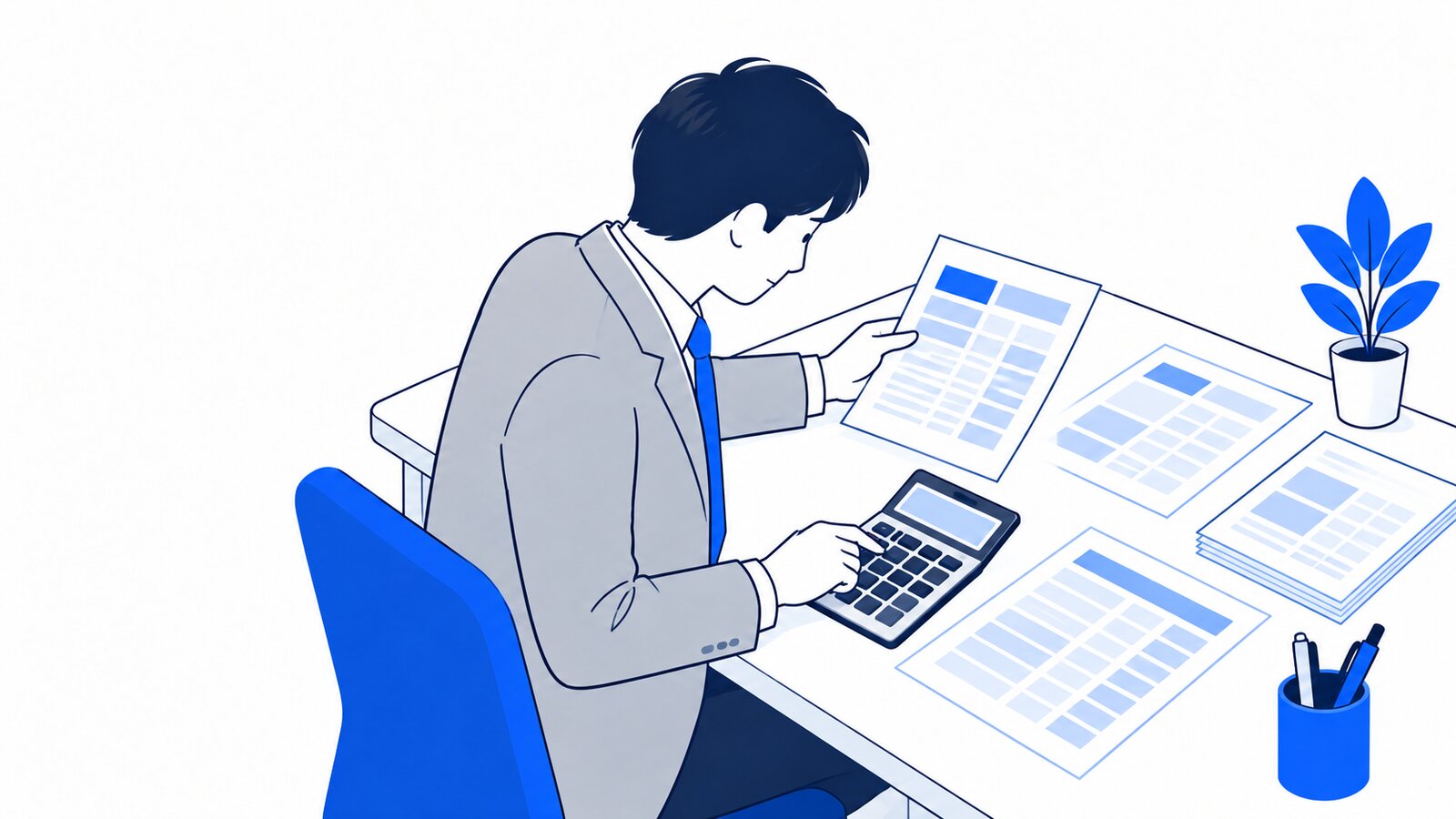 料金の資料を広げて、電卓で月の費用を計算する会社員