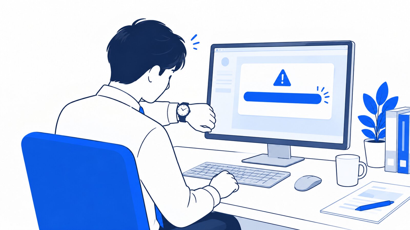 PCの画面に出た上限の通知を見て、時計を確かめる会社員