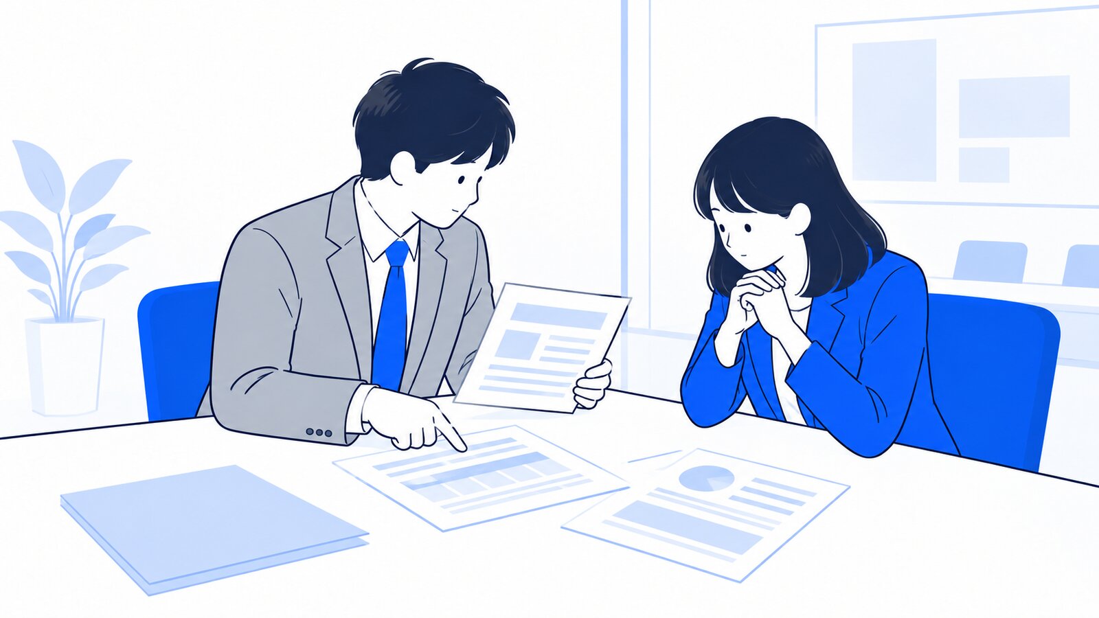 会議室で見積もりの資料を見ながら話し合う経営者と担当者